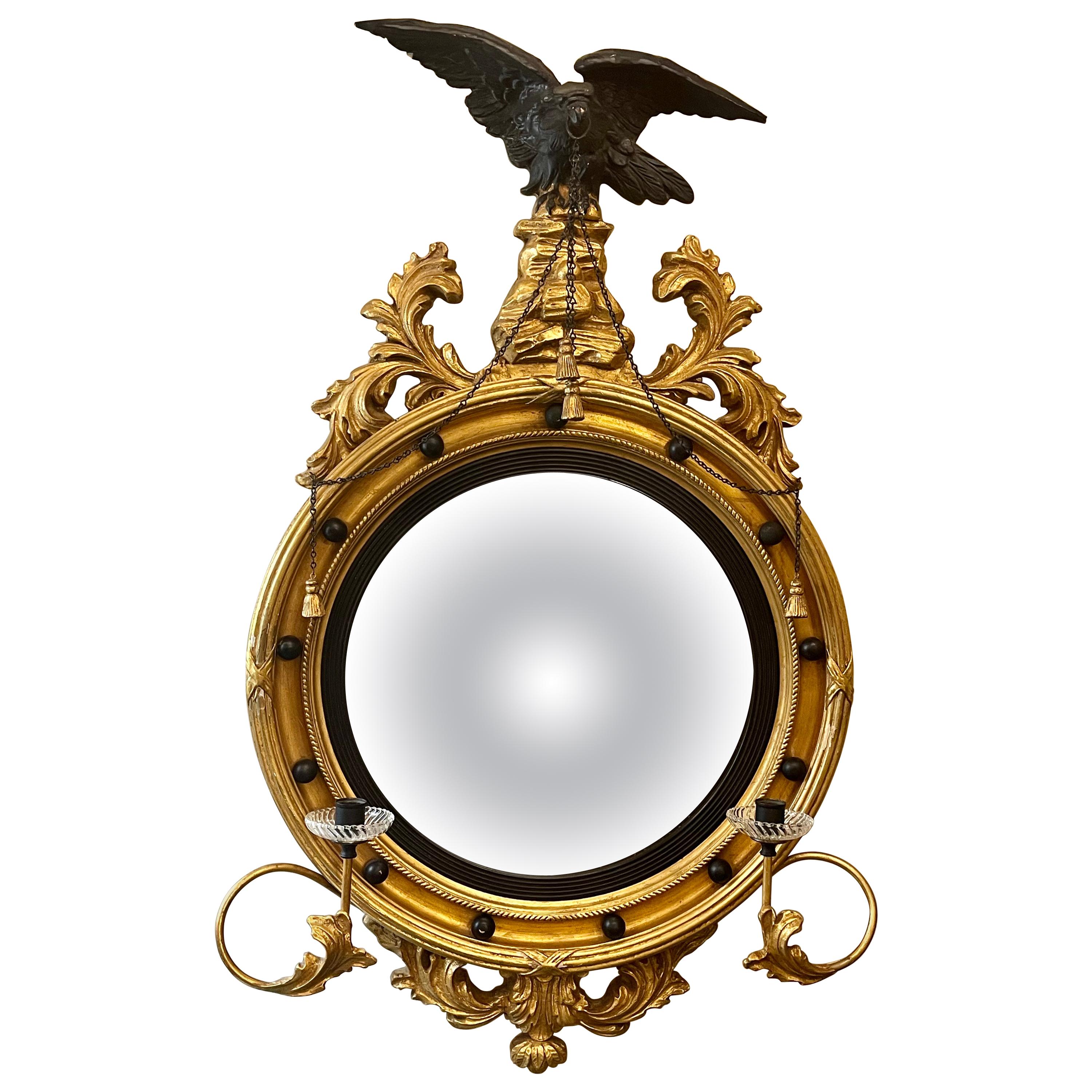 Federal Convex Bullseye Wall Mirror, 19th-20th Century Ebony And Gilt Gold