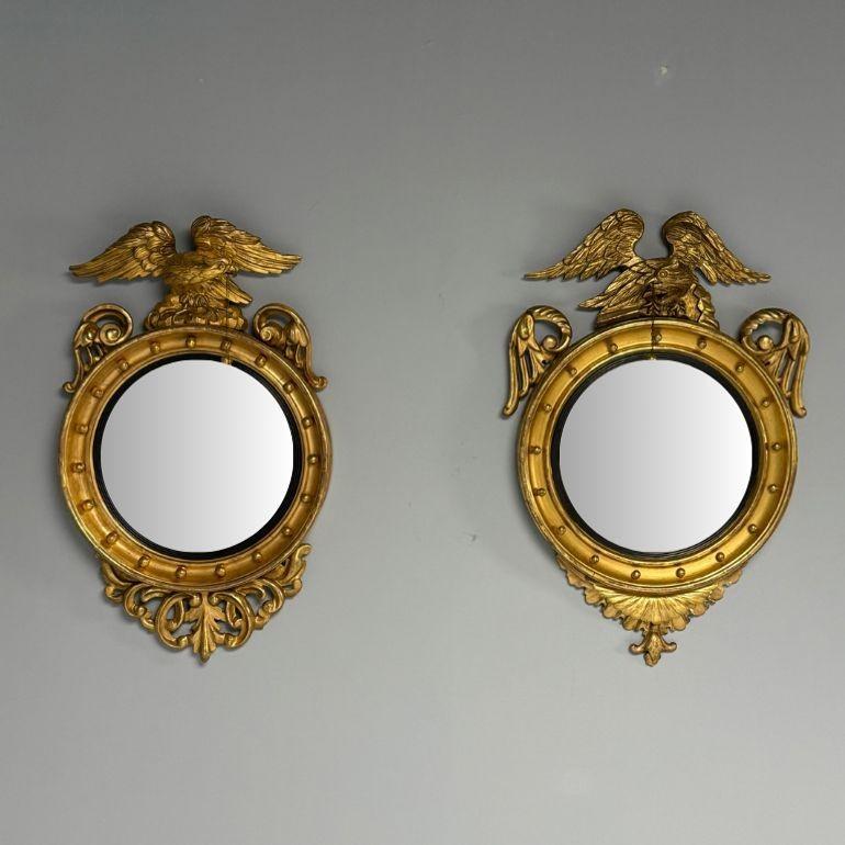 Espejos de pared federales convexos, madera dorada tallada, águilas opuestas, Inglaterra, década de 1830 4