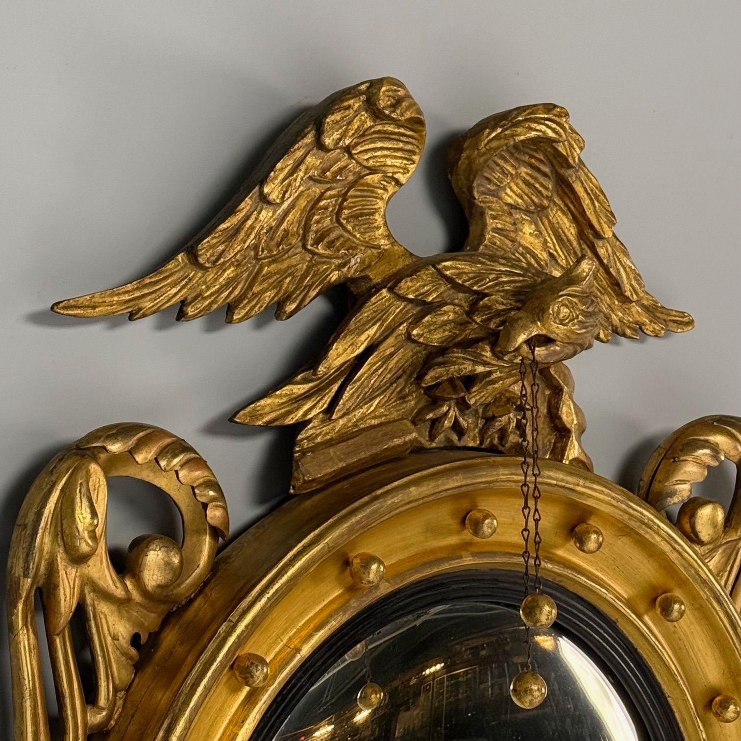 Espejos de pared federales convexos, madera dorada tallada, águilas opuestas, Inglaterra, década de 1830 2