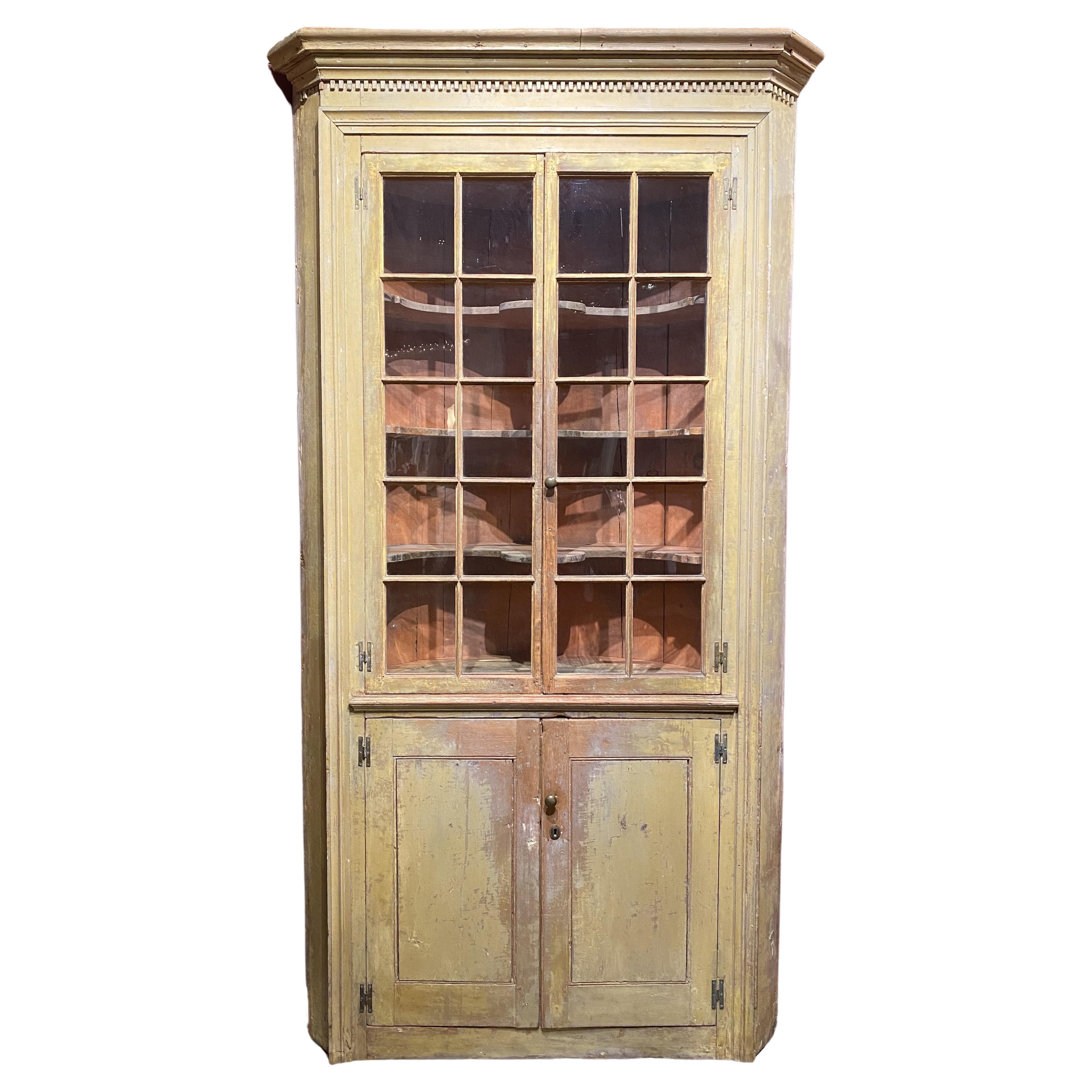 Federal Corner Cupboard in Early Yellow Paint with Glazed Doors & Barrel Back