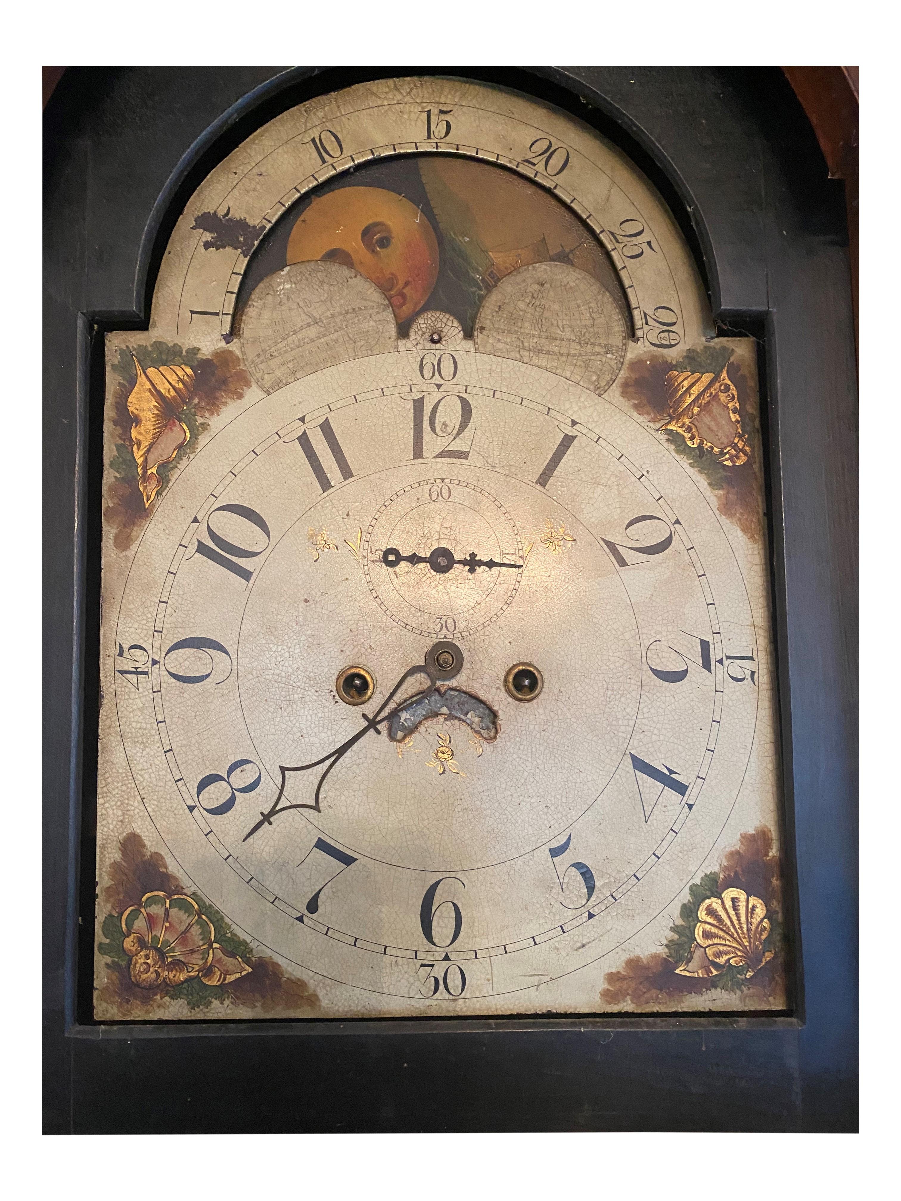 Federal Curly Maple and Mahogany Banded Tall Case Clock PA, Circa 1810 In Good Condition In Hallowell, US