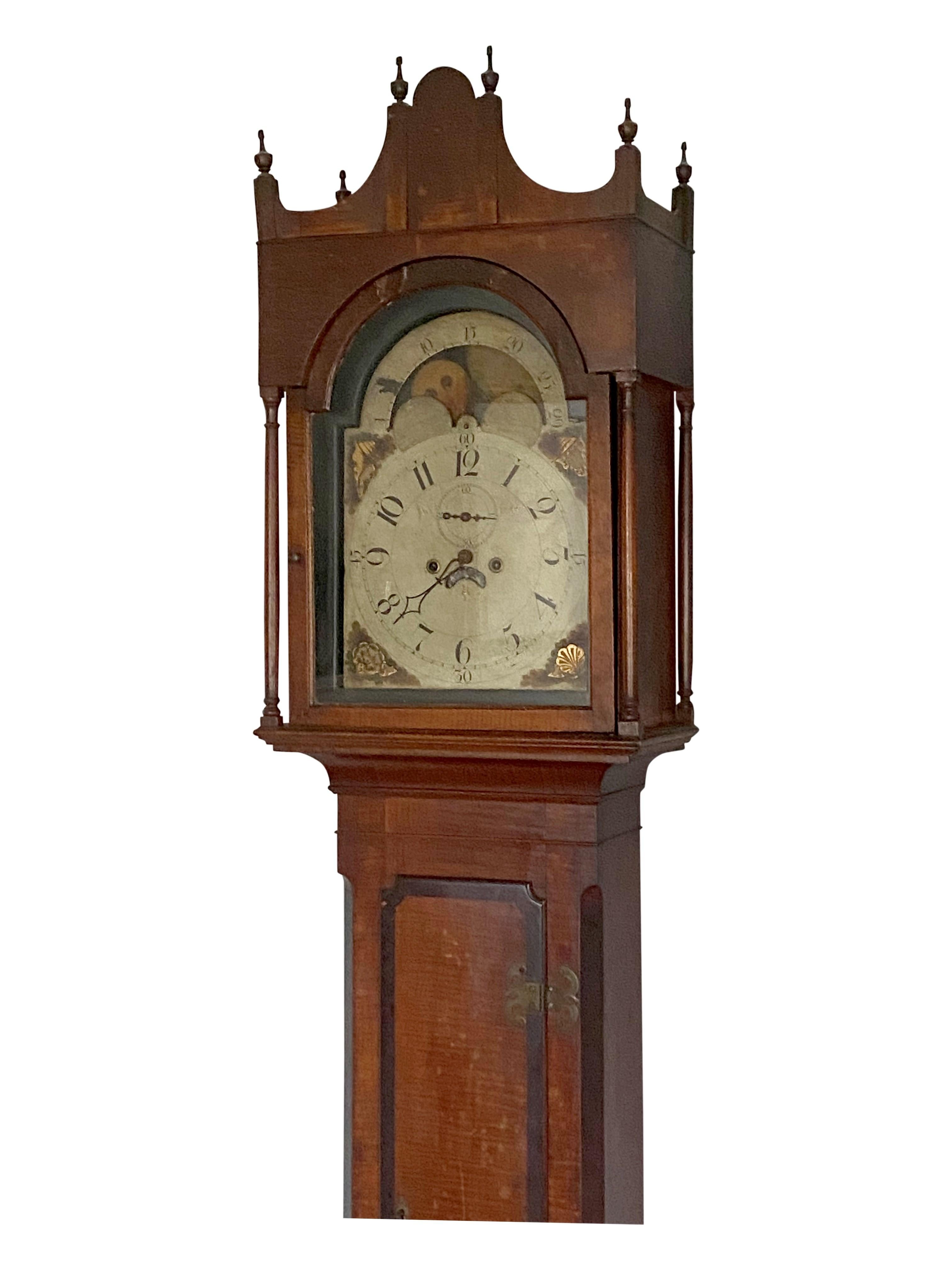 Early 19th Century Federal Curly Maple and Mahogany Banded Tall Case Clock PA, Circa 1810
