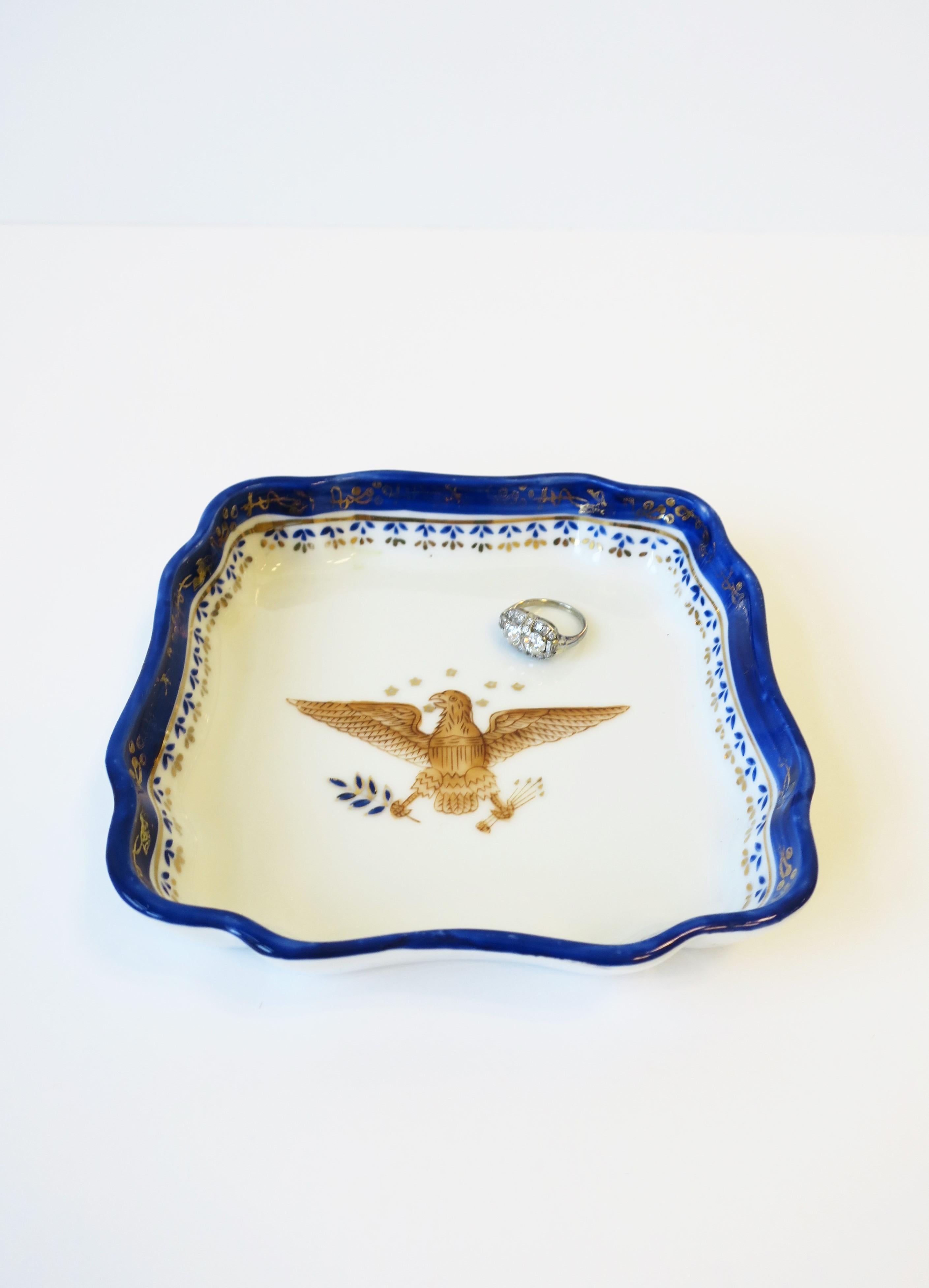 Glazed Federal Design Blue Gold White Porcelain Jewelry or Trinket Dish with Eagle Bird