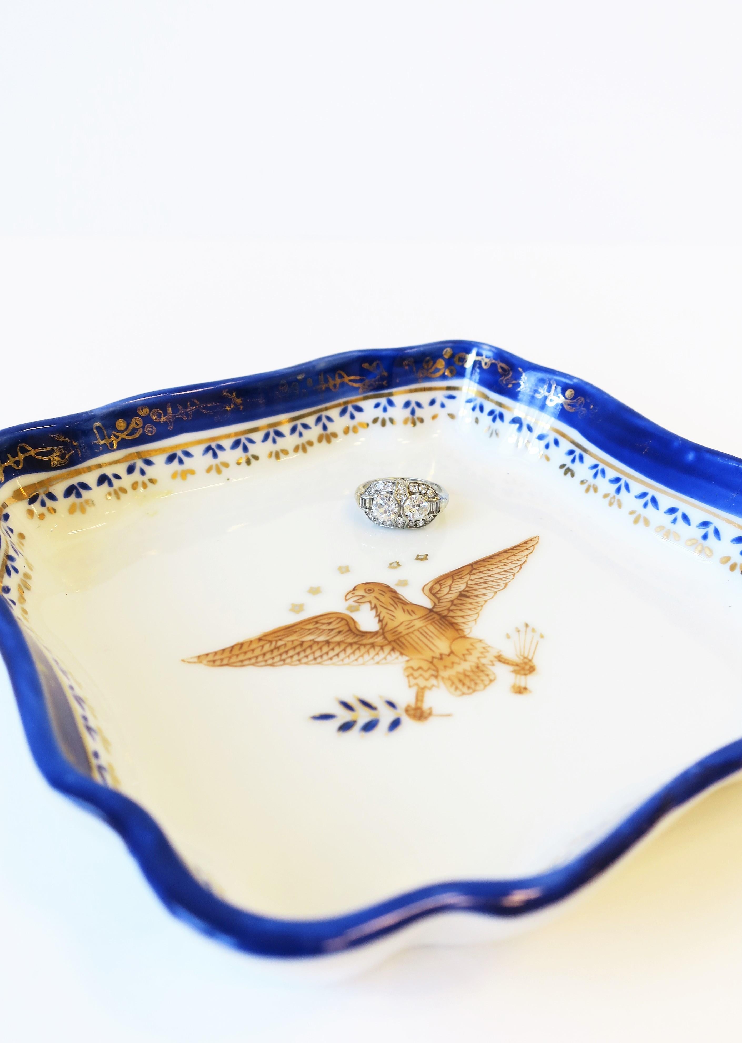 Federal Design Blue Gold White Porcelain Jewelry or Trinket Dish with Eagle Bird 5