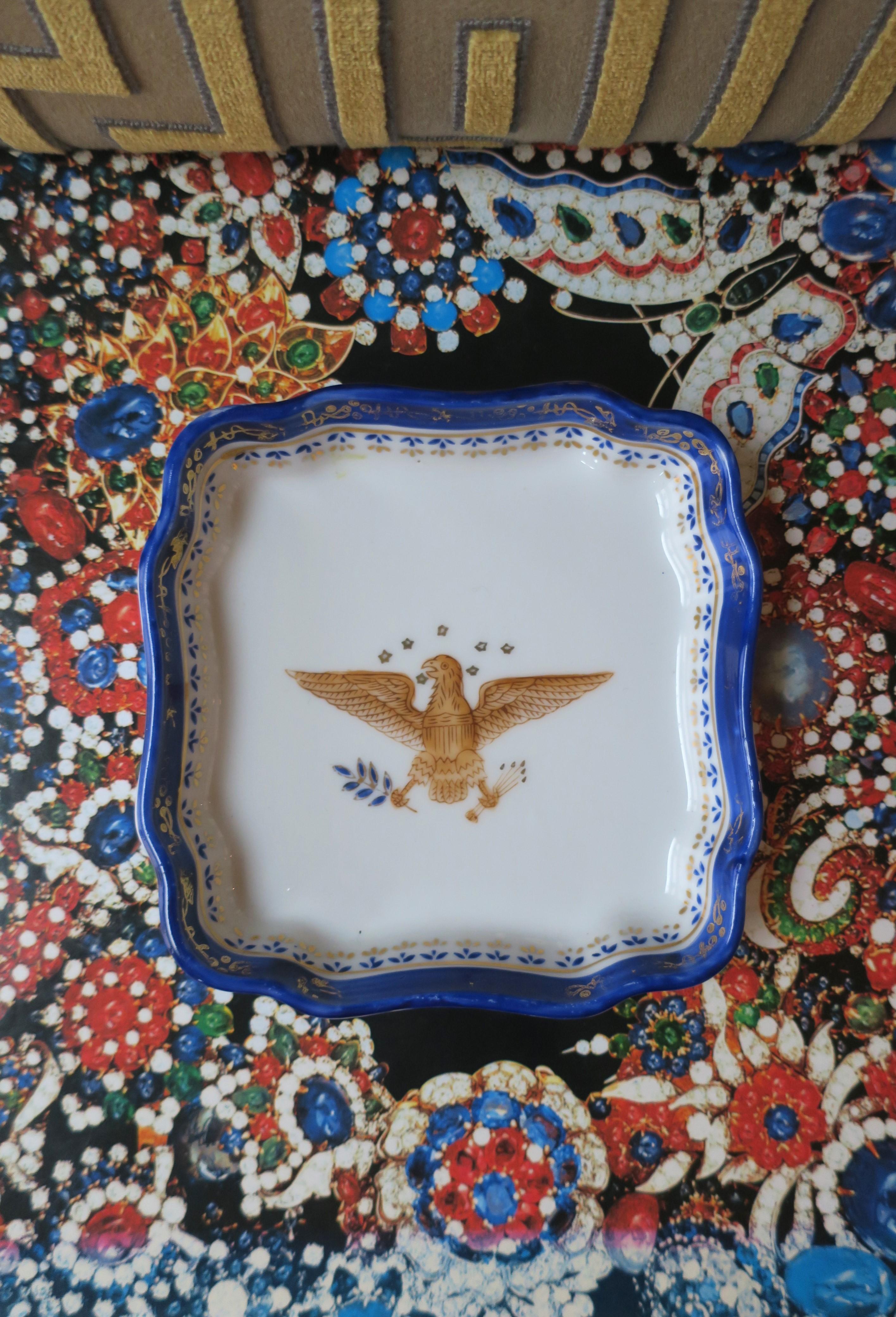 Federal Design Blue Gold White Porcelain Jewelry or Trinket Dish with Eagle Bird 4