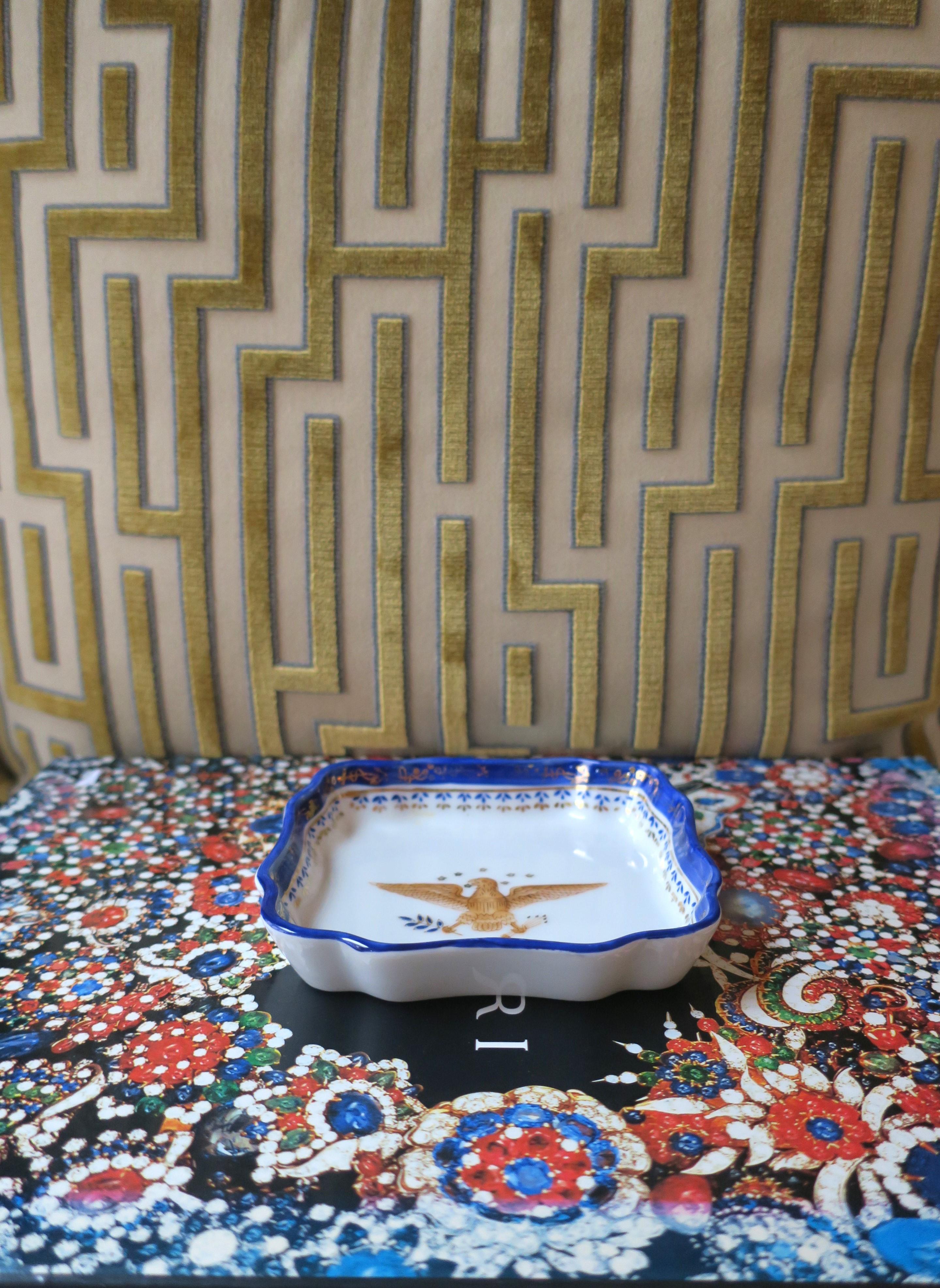 20th Century Federal Design Blue Gold White Porcelain Jewelry or Trinket Dish with Eagle Bird