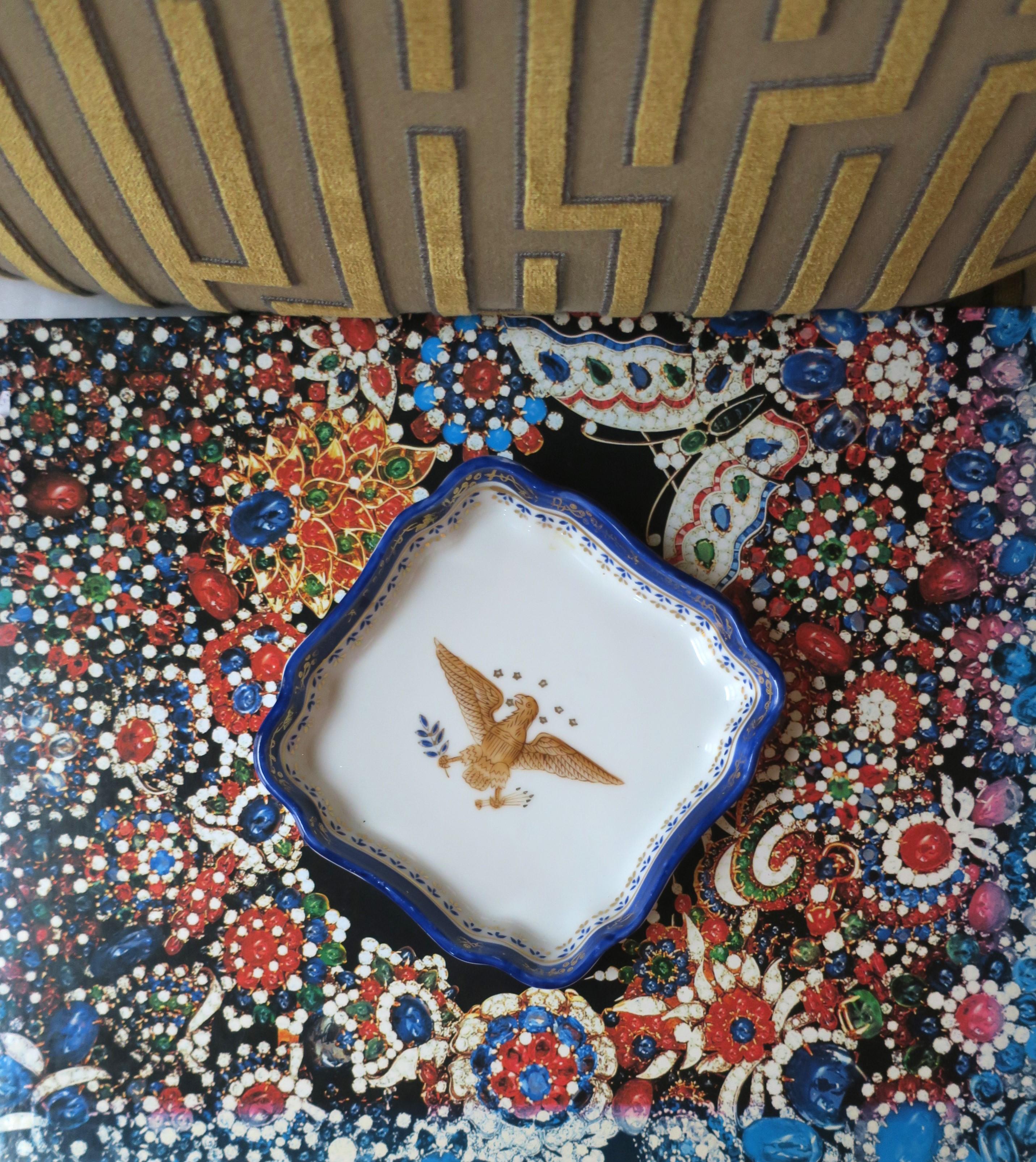 Federal Design Blue Gold White Porcelain Jewelry or Trinket Dish with Eagle Bird 1