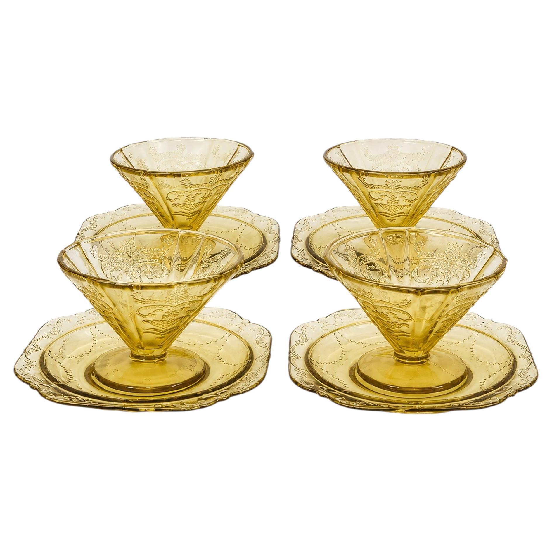 Federal Glass Yellow Madrid Dessert Set, Four Compotes & Plates, circa 1935