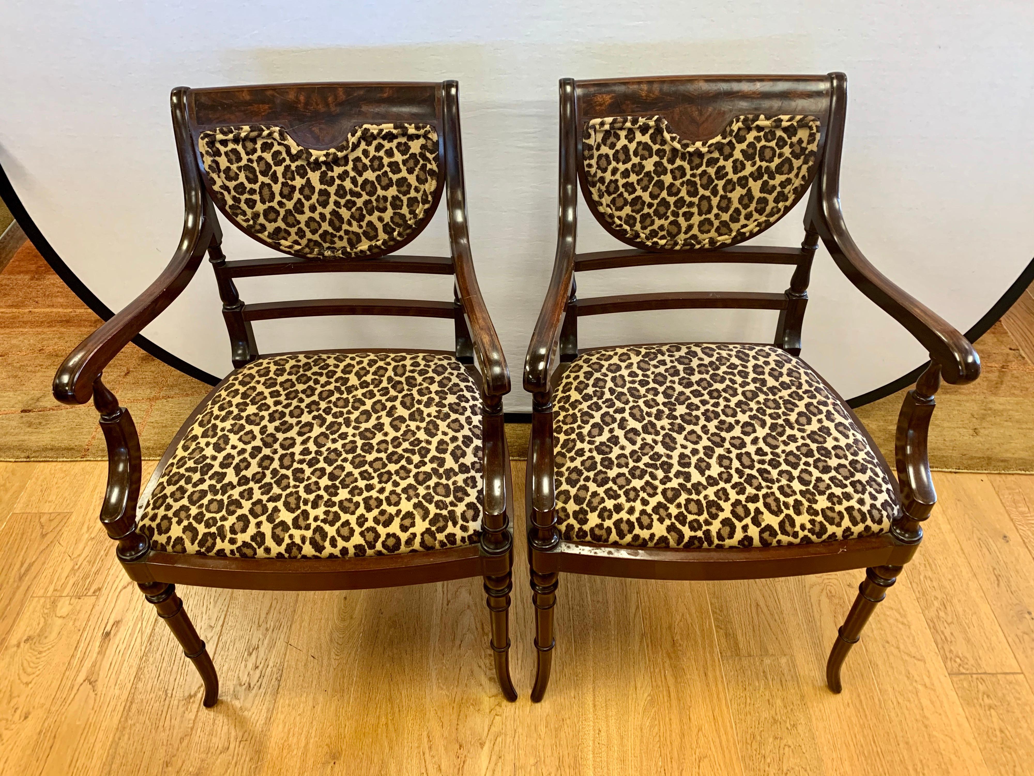 Federal Mahogany Armchairs Armchairs Newly Upholstered in Leopard Fabric 10