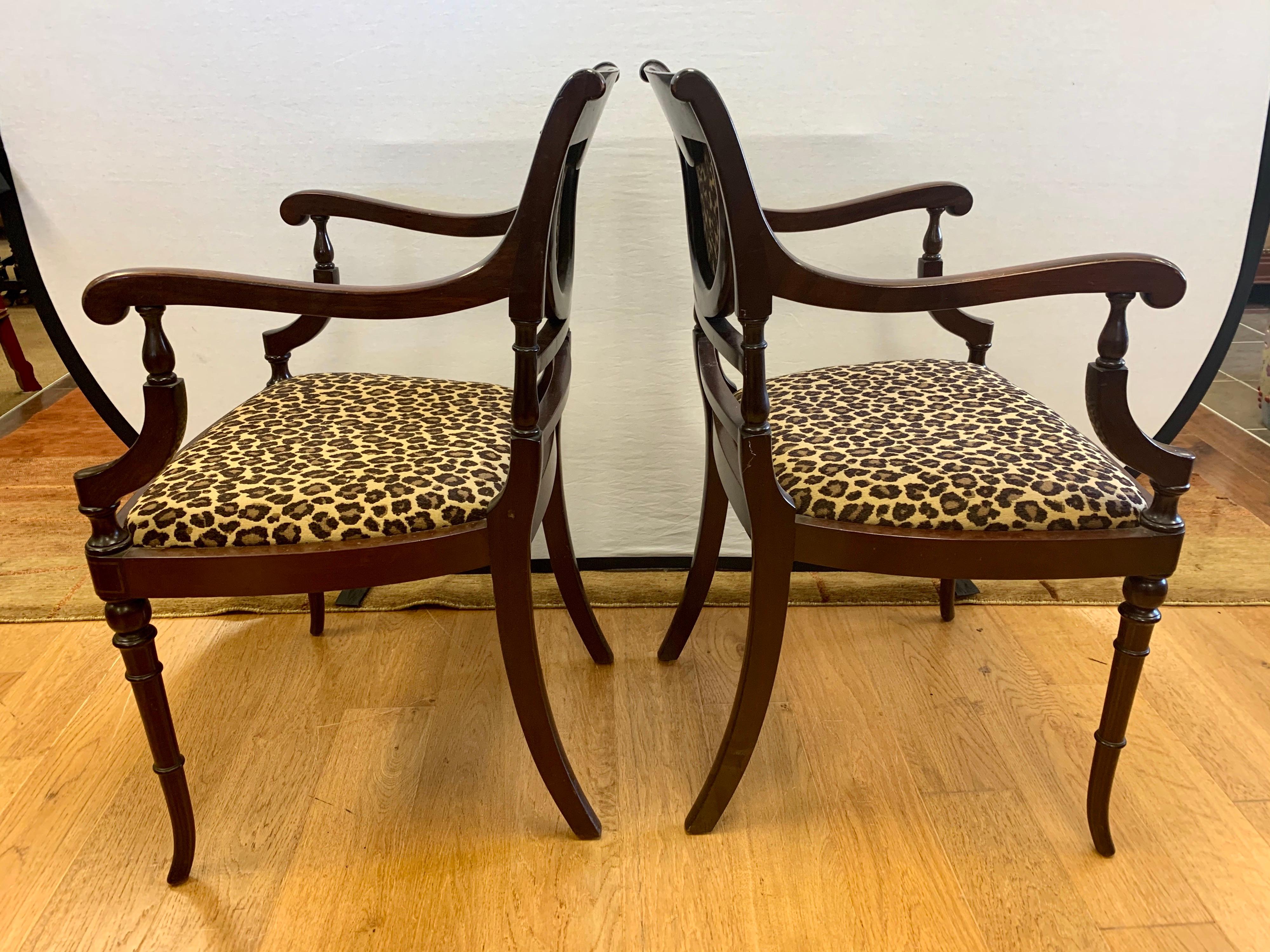 Federal Mahogany Armchairs Armchairs Newly Upholstered in Leopard Fabric 1