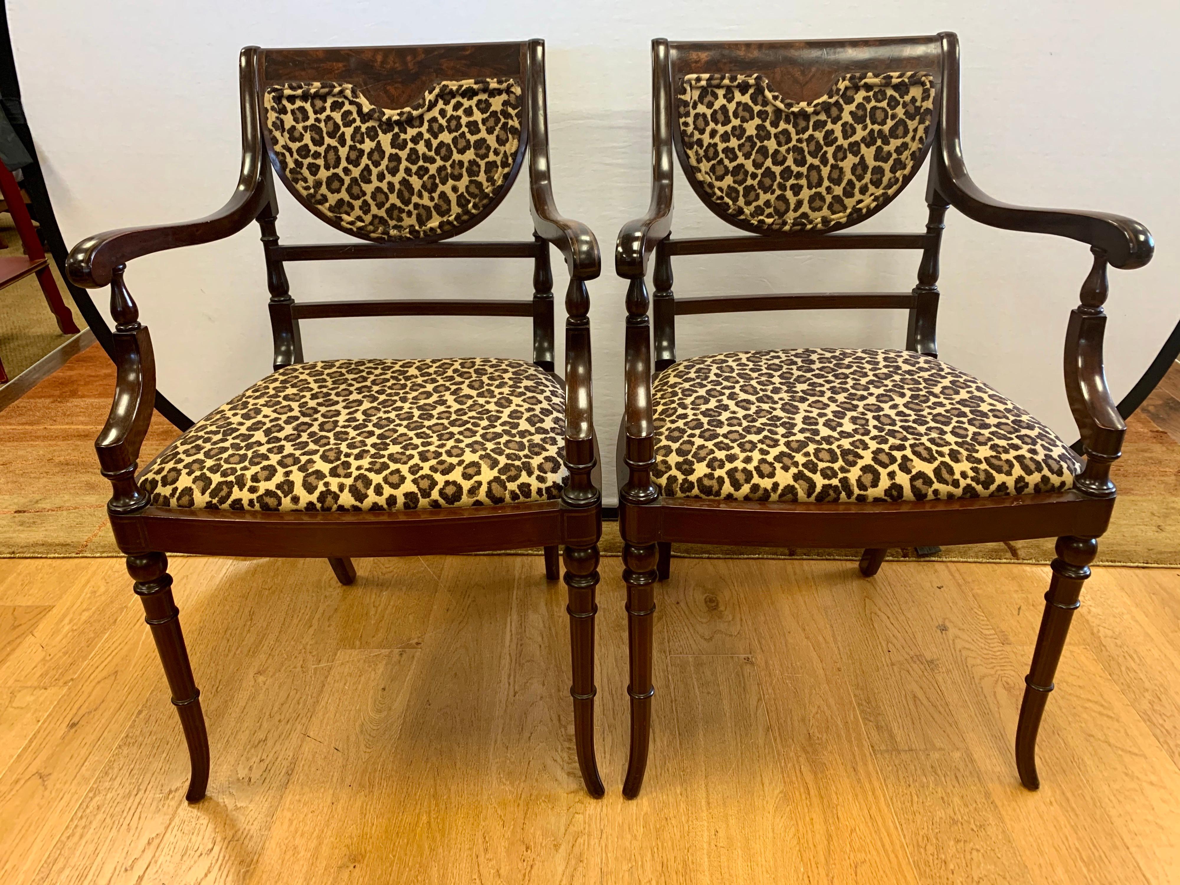 Federal Mahogany Armchairs Armchairs Newly Upholstered in Leopard Fabric 3