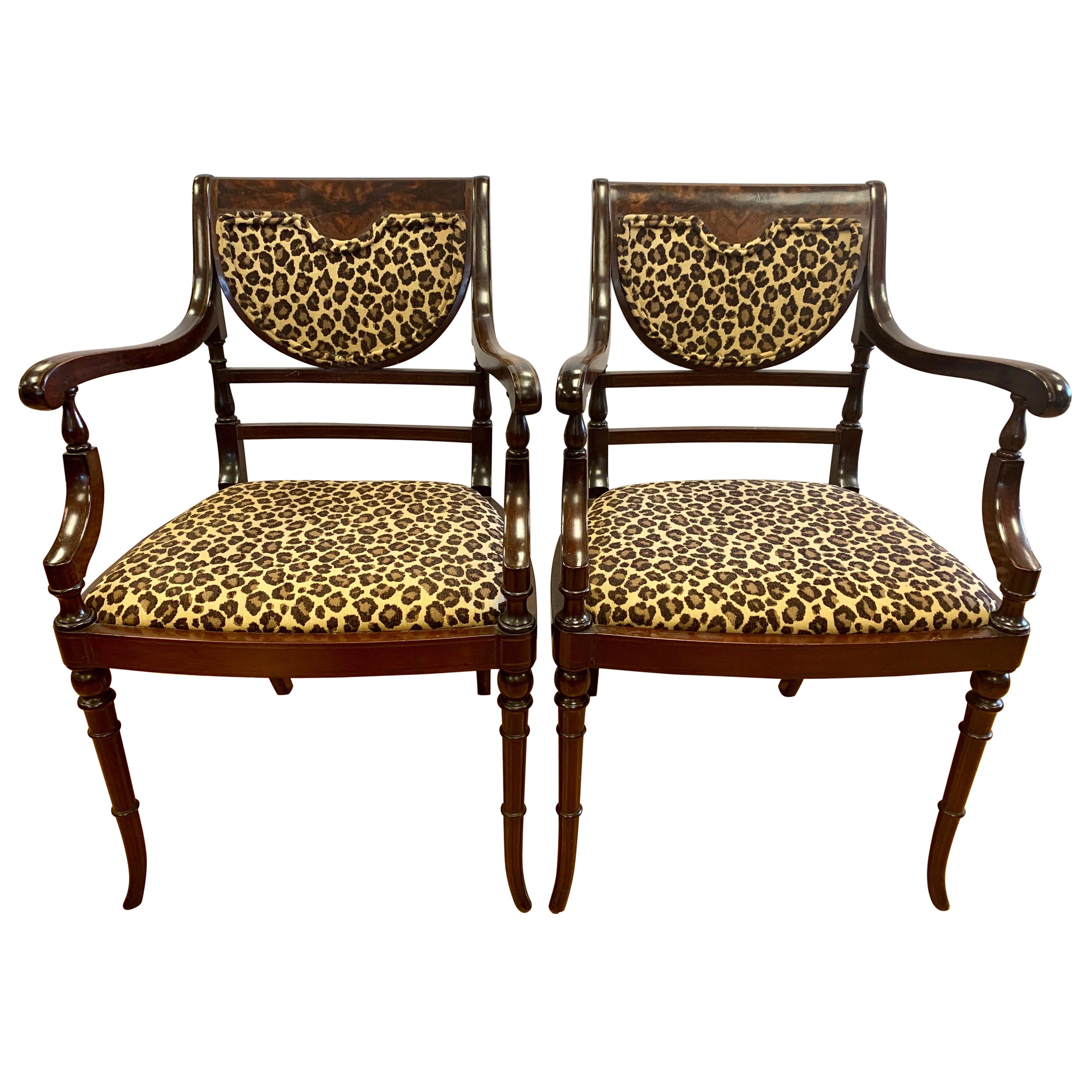 Federal Mahogany Armchairs Armchairs Newly Upholstered in Leopard Fabric