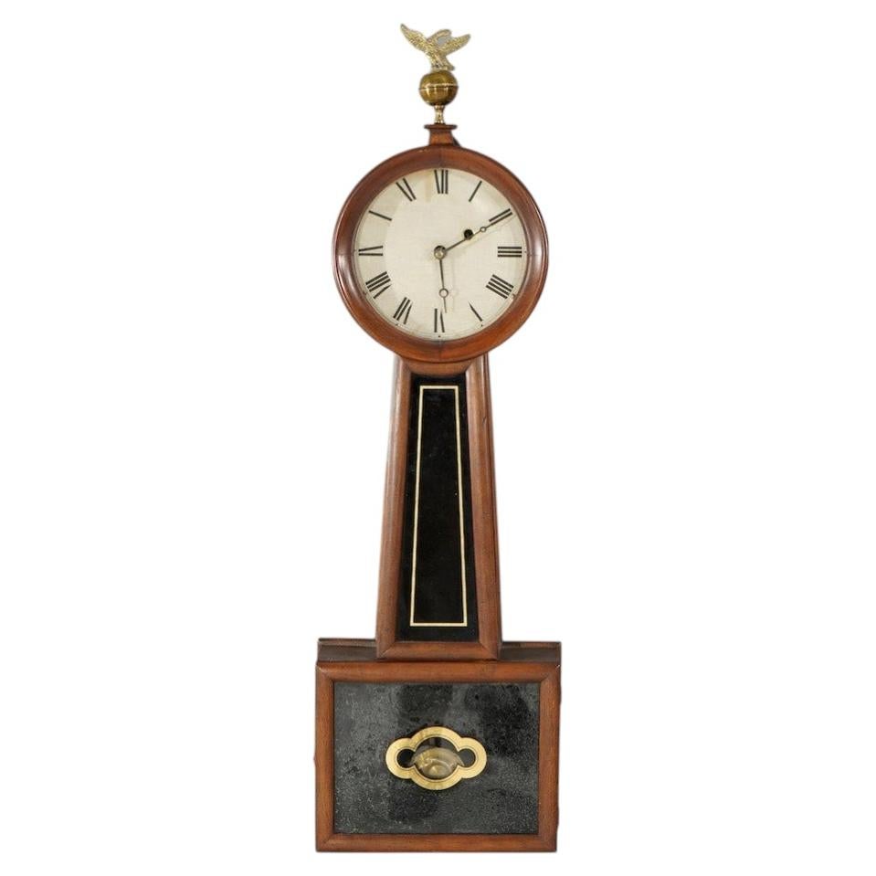 Federal Mahogany Banjo Clock With Gilt Decorated Panels & Eagle Finial c1860 For Sale