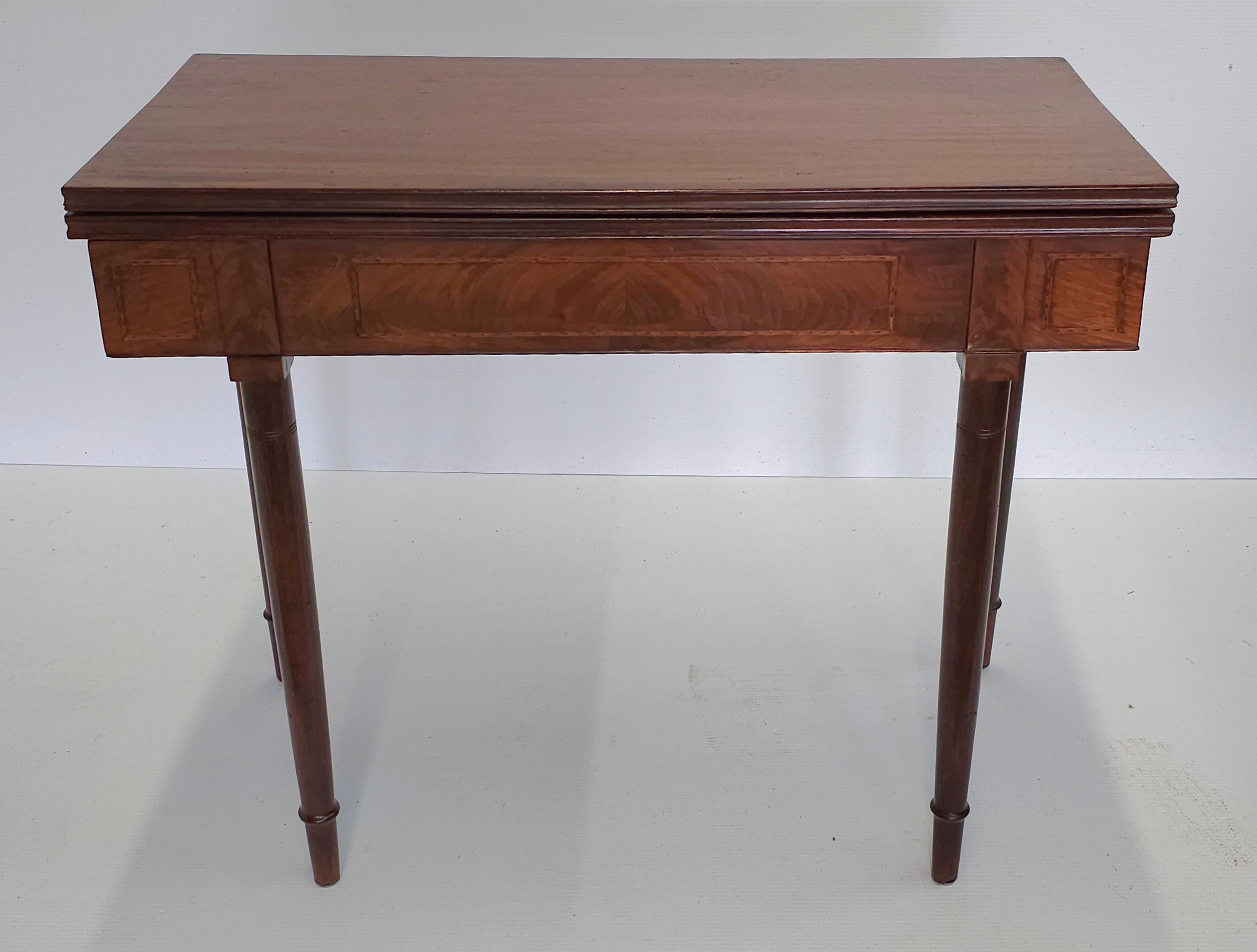 19th Century Federal Mahogany Inlaid Fold Top Card Table Console Table For Sale