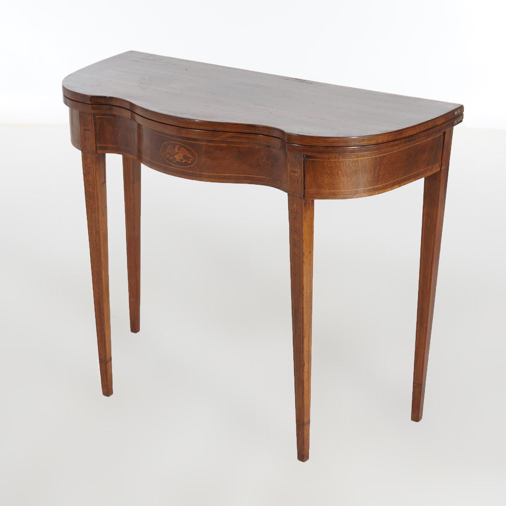 American Federal Mahogany Swell Front Card Table, Bell Flower & Eagle Inlay, C1830 For Sale