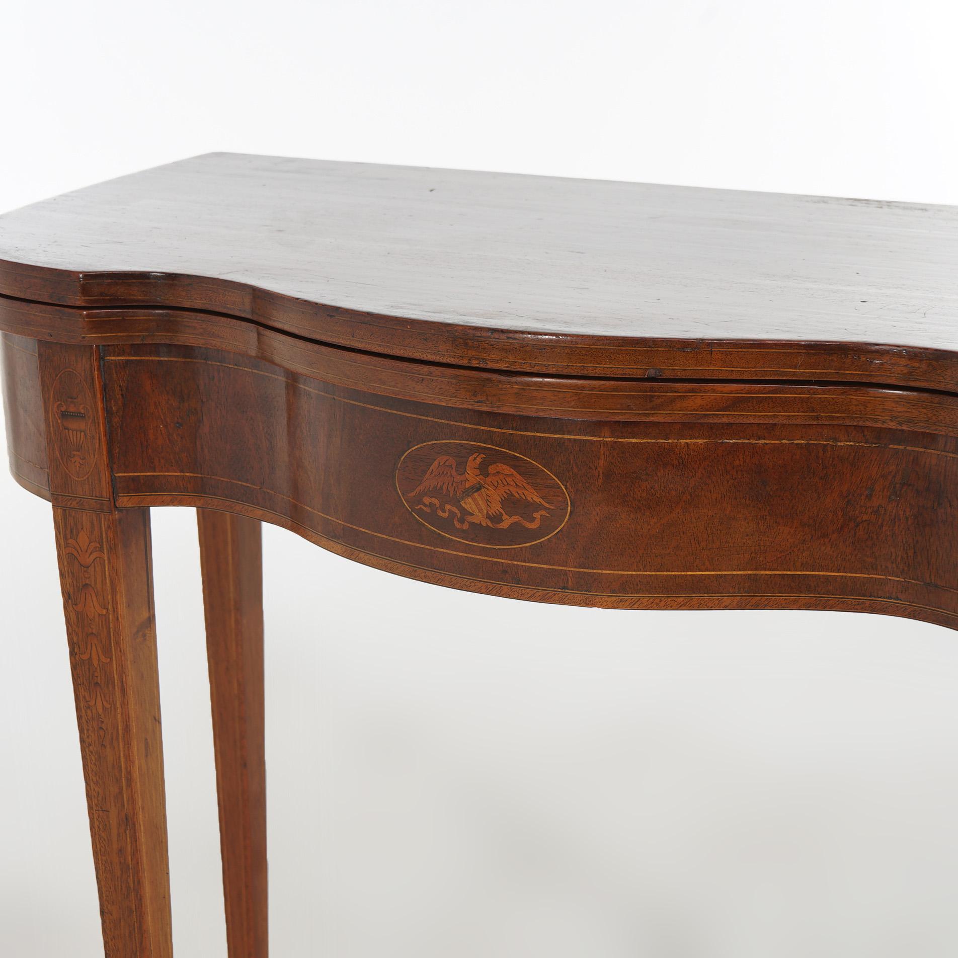 19th Century Federal Mahogany Swell Front Card Table, Bell Flower & Eagle Inlay, C1830 For Sale