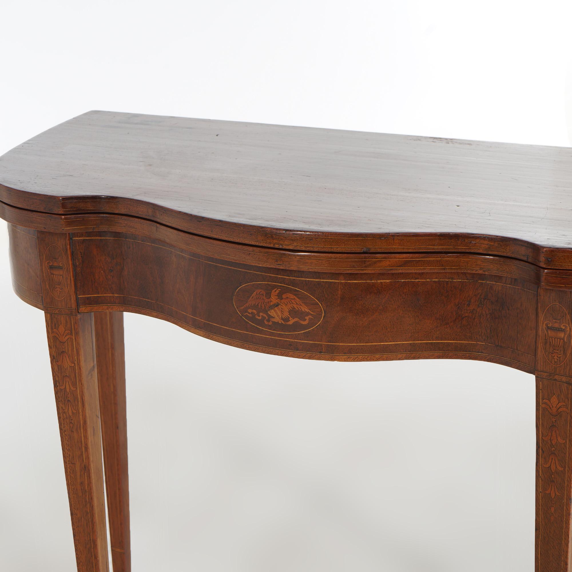 Federal Mahogany Swell Front Card Table, Bell Flower & Eagle Inlay, C1830 For Sale 2