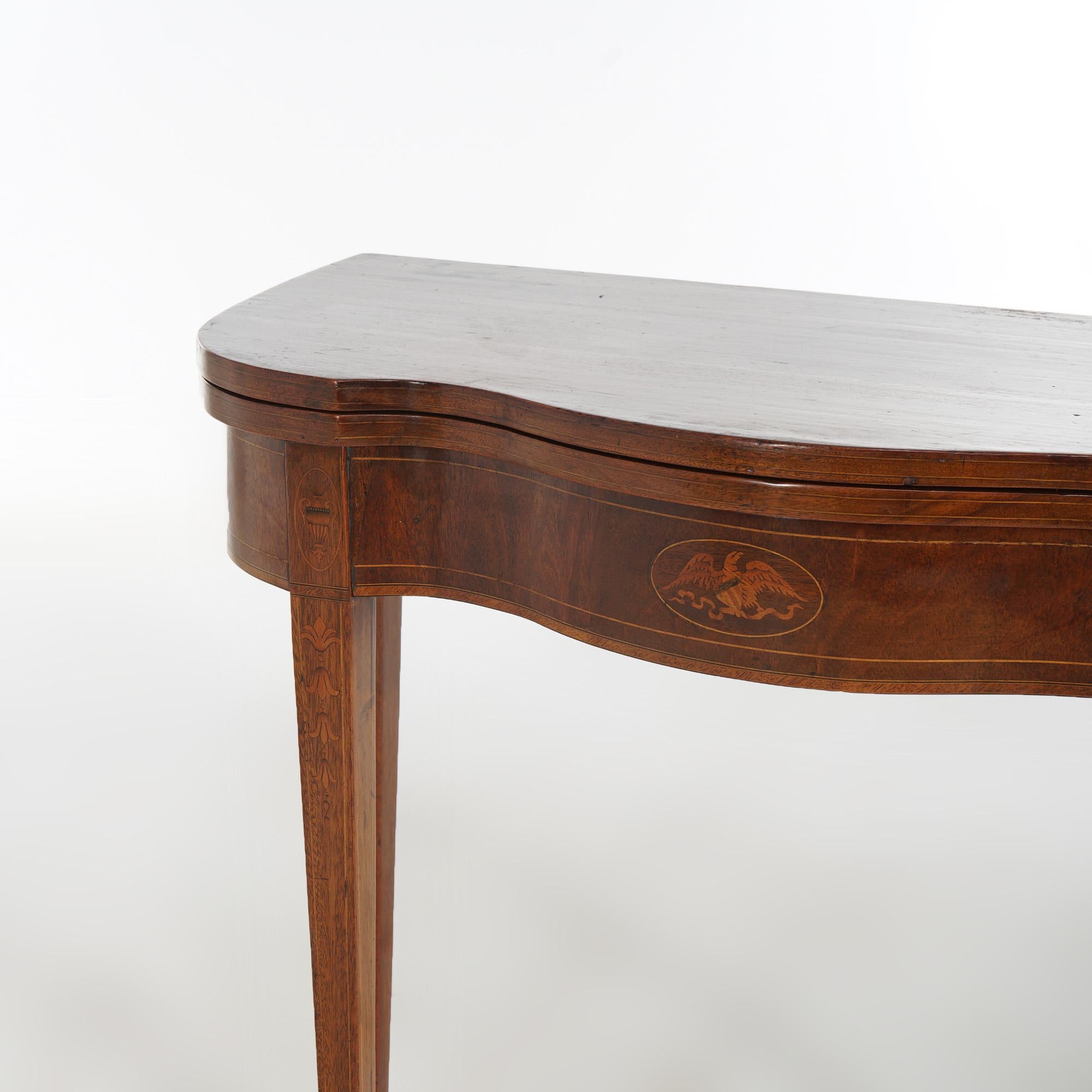 Federal Mahogany Swell Front Card Table, Bell Flower & Eagle Inlay, C1830 For Sale 2