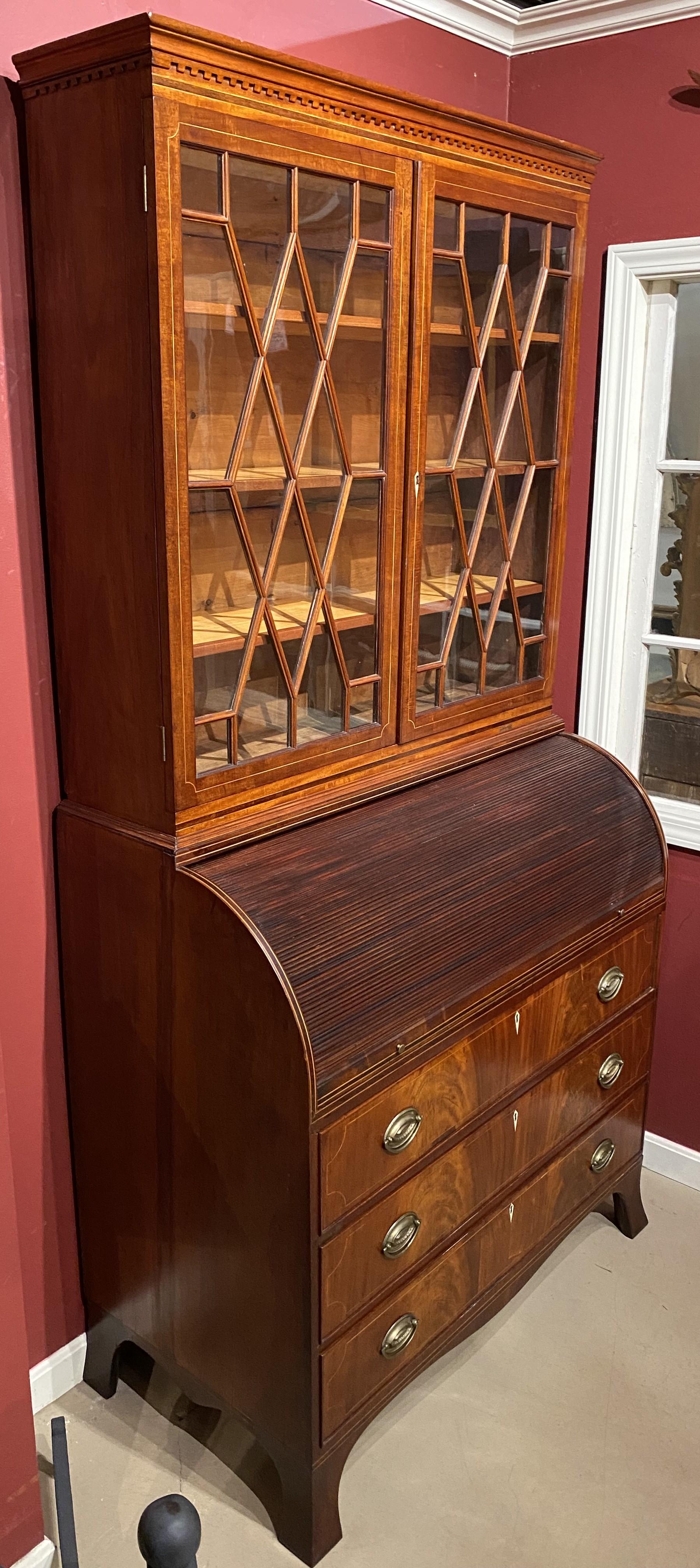 Hand-Carved Federal Period Massachusetts Mahogany Secretary Desk with Cylinder Tambour For Sale