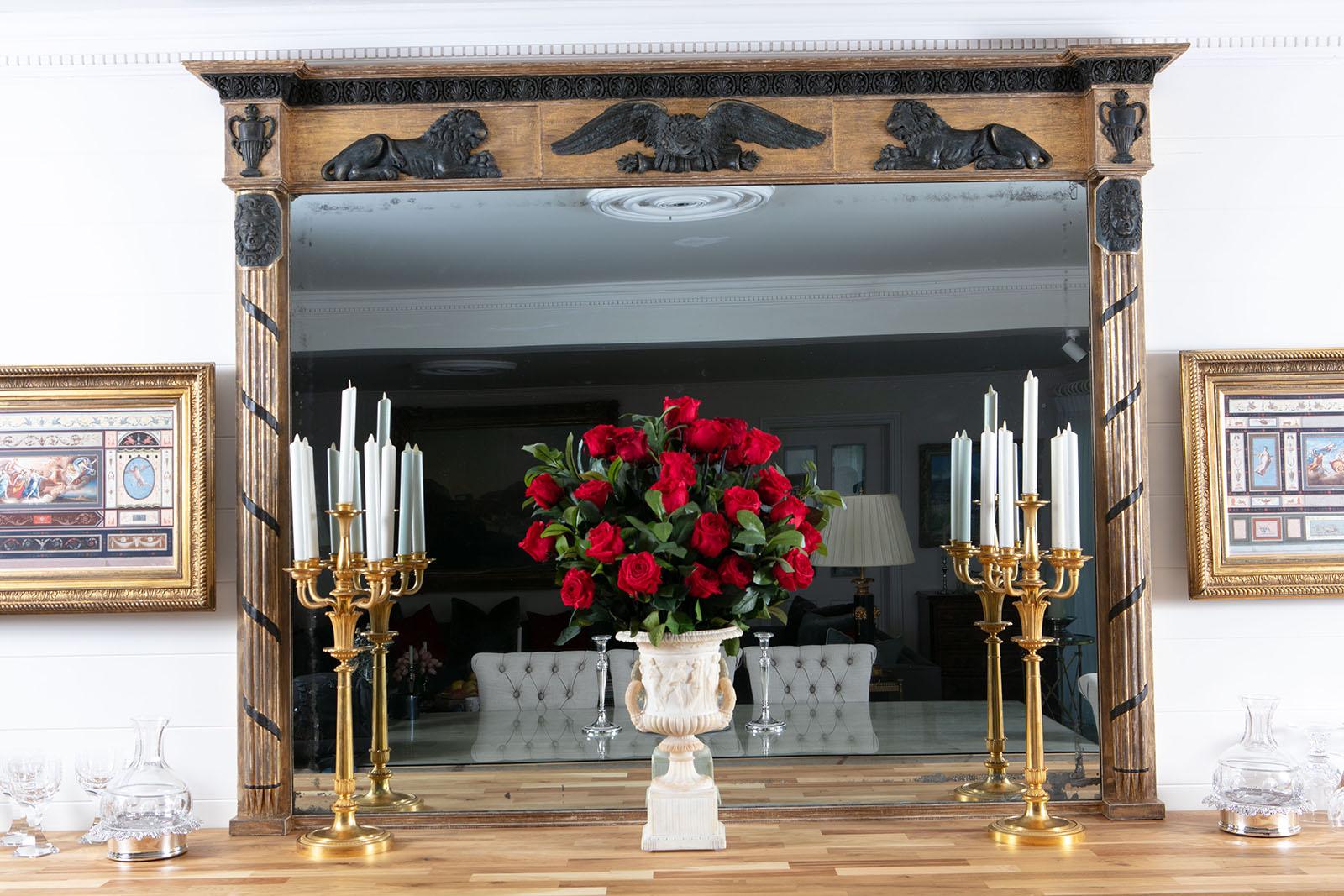 Federal Regency Parcel Gilt and Ebonised Large Scale Overmantle Mirror For Sale 1