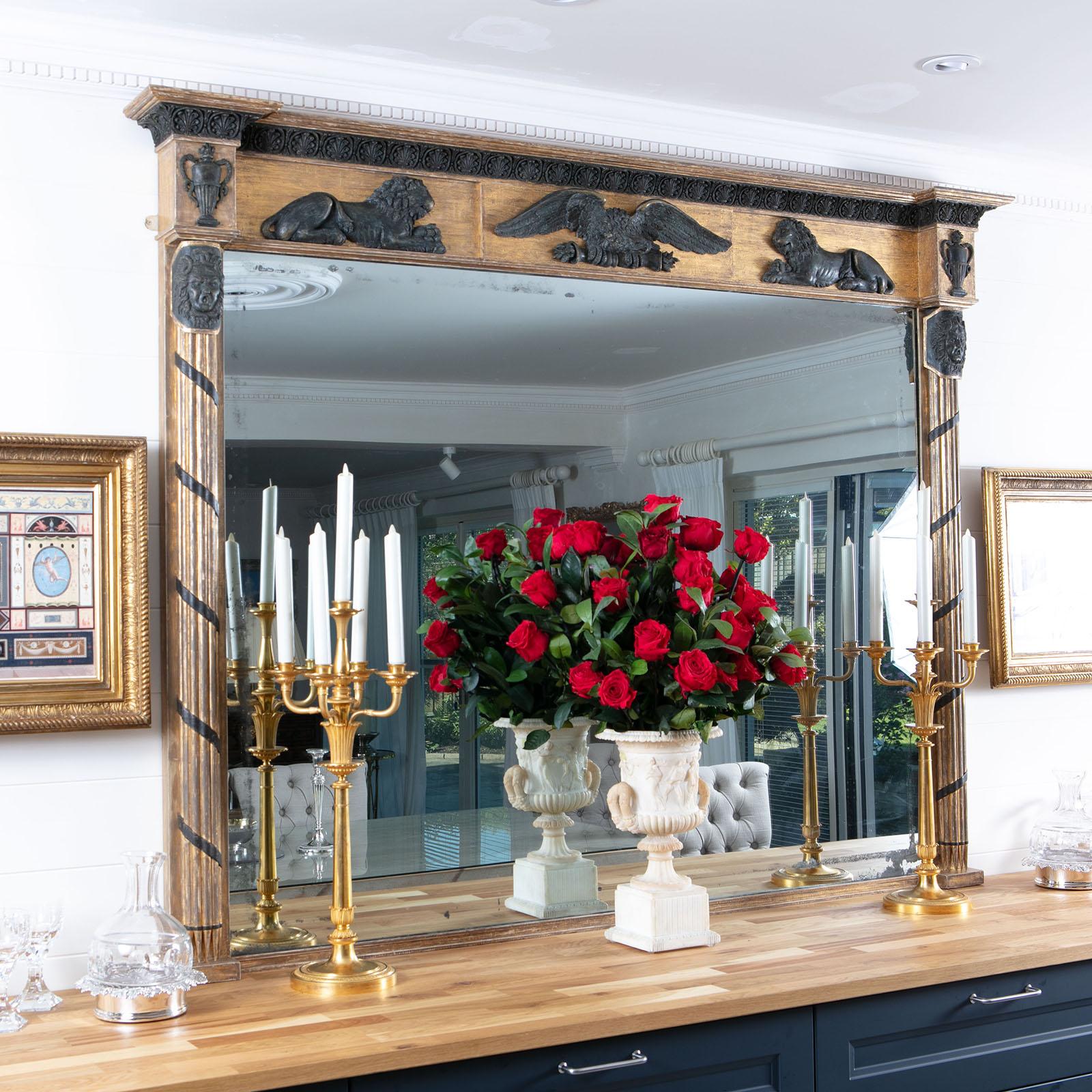 Federal Regency Parcel Gilt and Ebonised Large Scale Overmantle Mirror For Sale 2