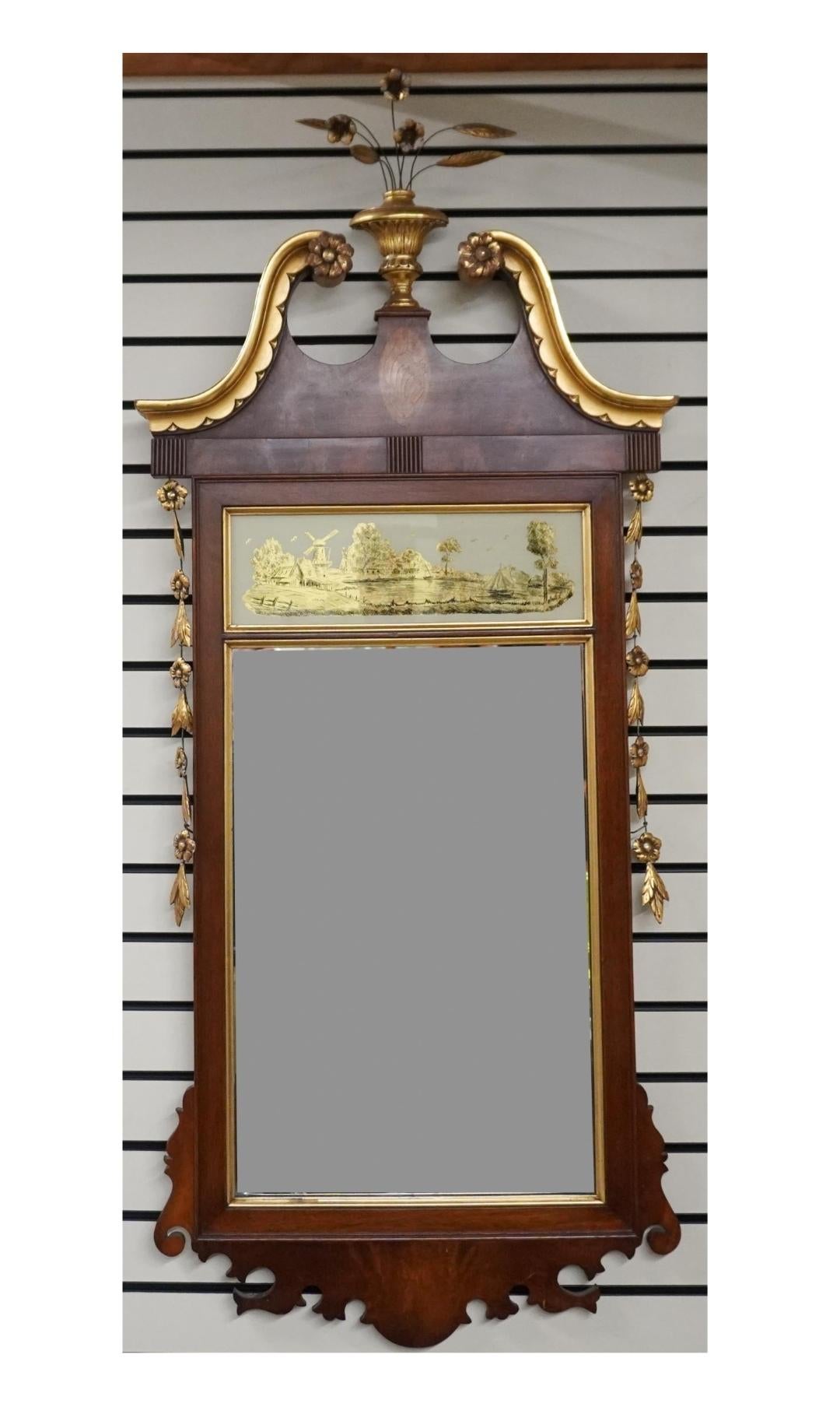 Federal Satinwood Inlaid Carved Mahogany Parcel Gilt And Eglomise Painted Mirror For Sale 5