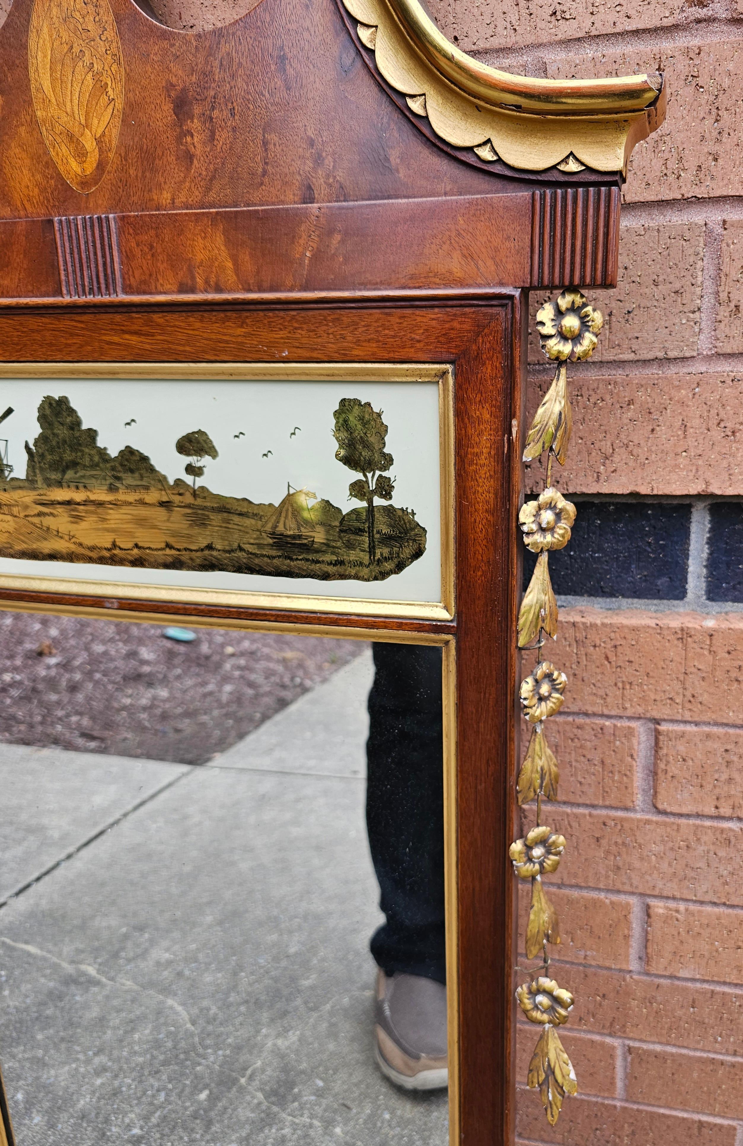 Other Federal Satinwood Inlaid Carved Mahogany Parcel Gilt And Eglomise Painted Mirror For Sale
