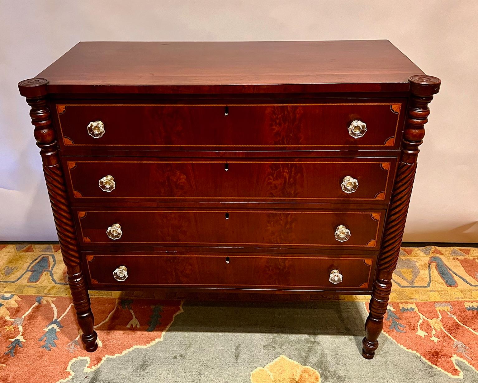 As the 100th anniversary of the American revolution neared, people harkened back to the styles of furniture from the beginning of the United States. For a few years they made handmade reproductions of those styles. This chest is a copy of a New