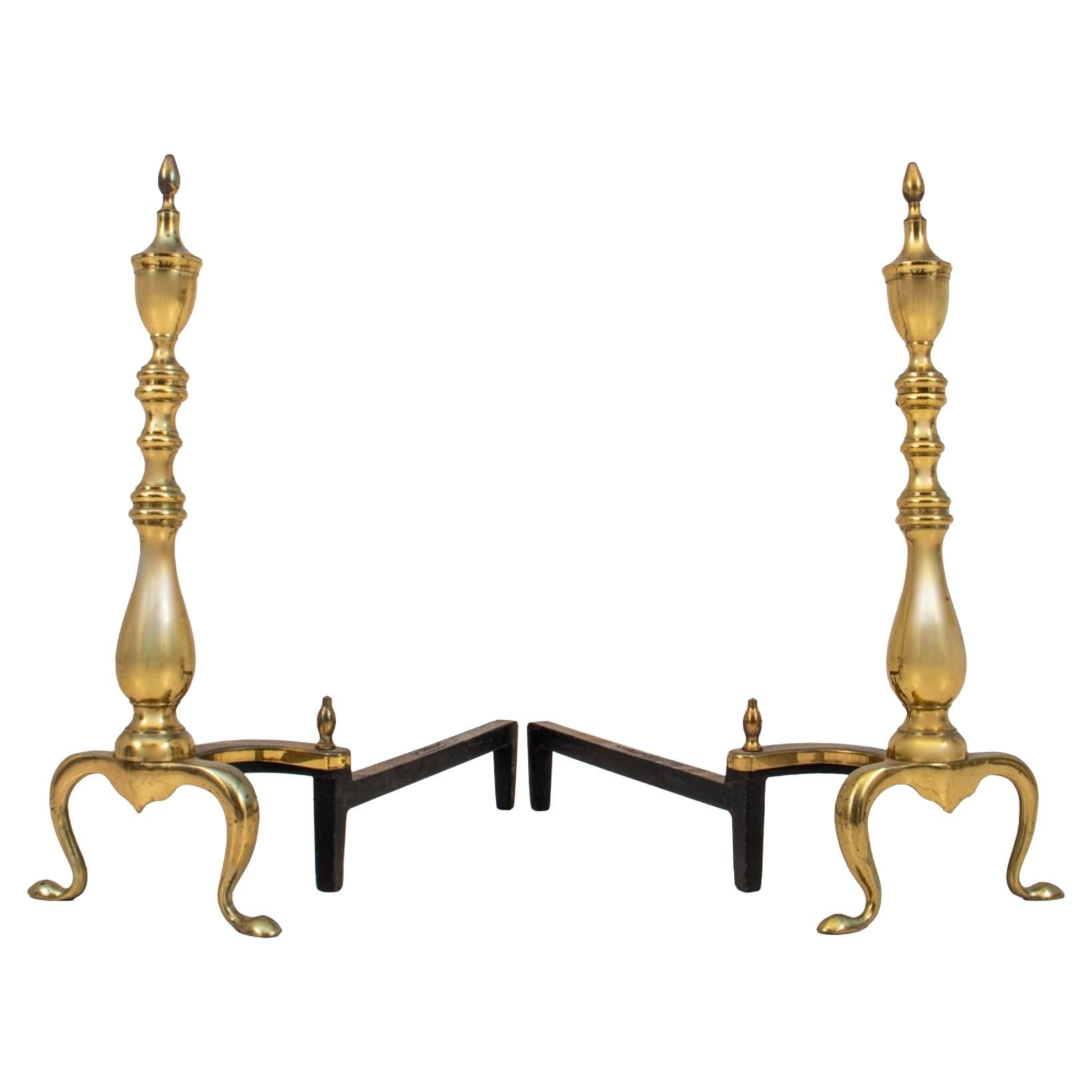 Federal Style Brass Andirons, Pair For Sale