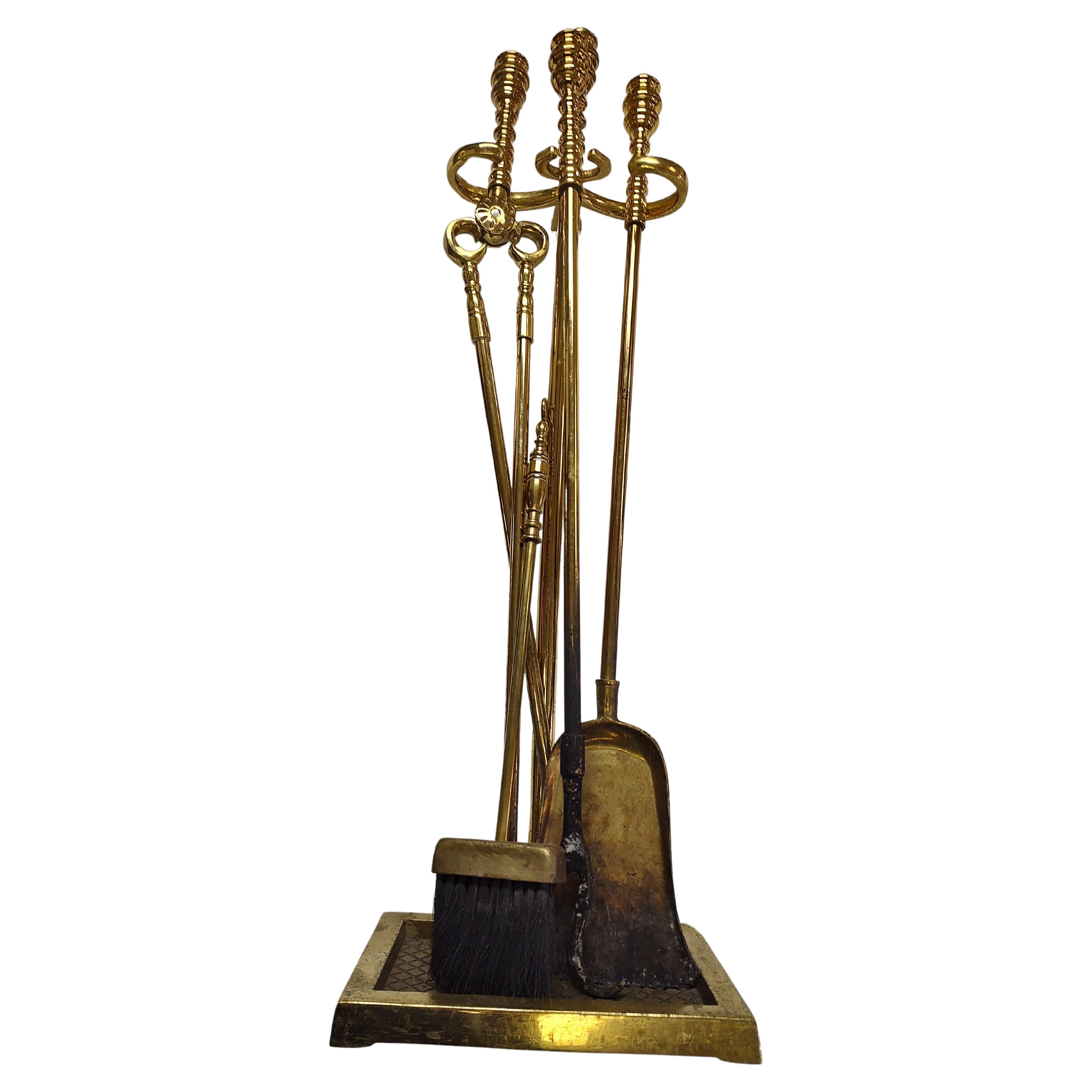Federal Style Brass C1955 Heavy Duty Fireplace Tools 4 Pieces with Holder For Sale