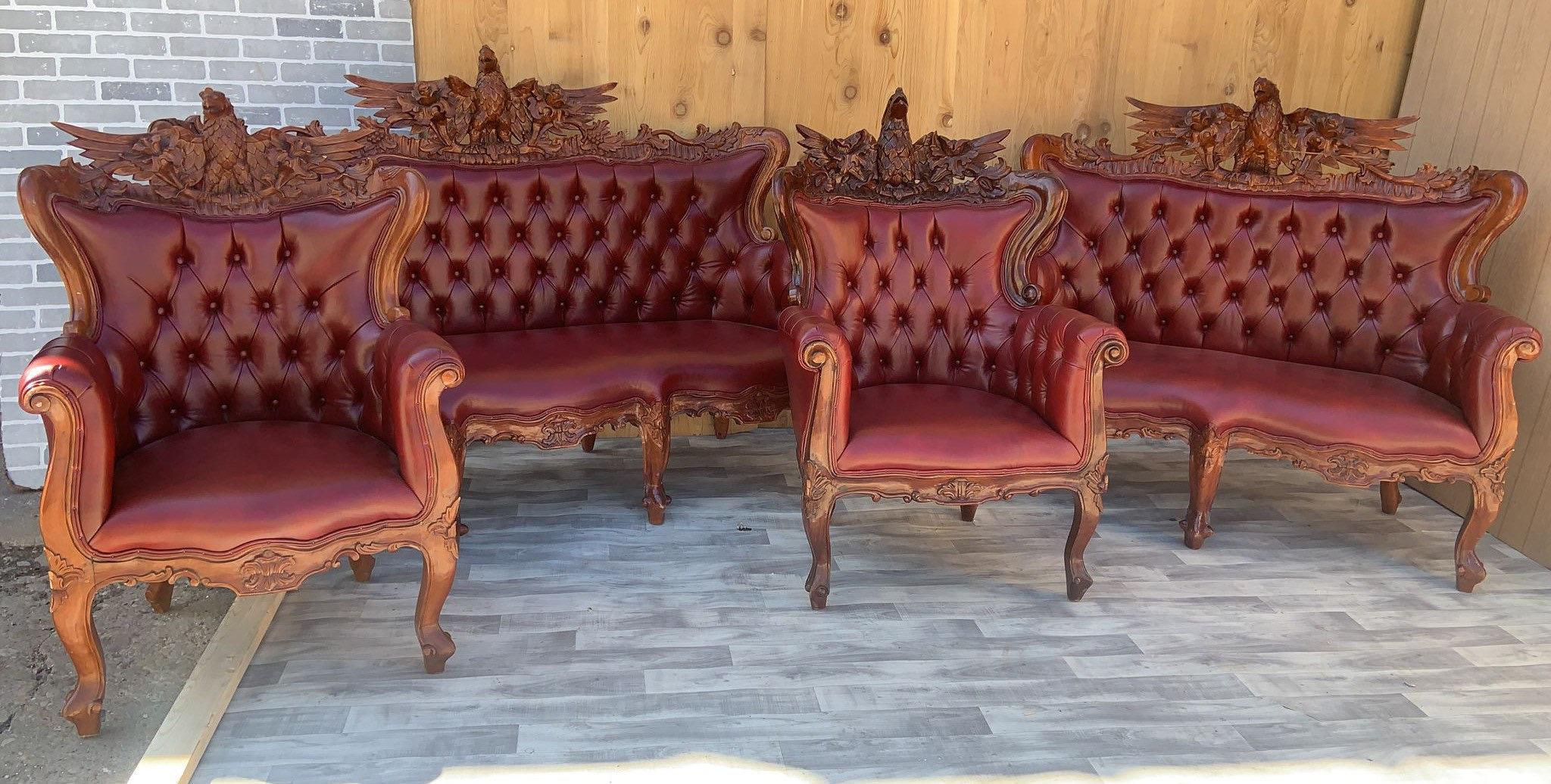 Federal Style Carved Ornate Tufted Parlor Set Newly Upholstered, Set of 4 For Sale 3