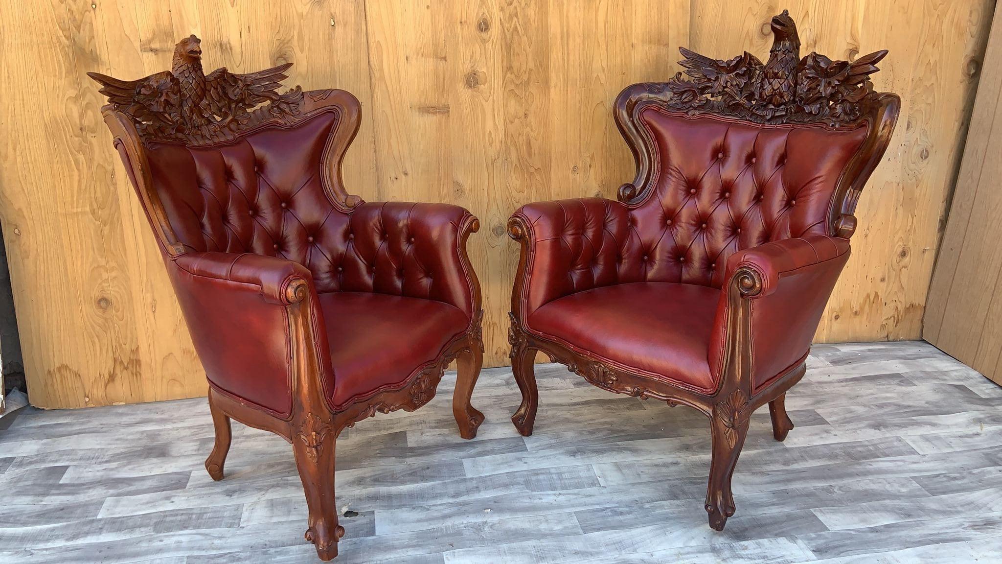 Antique Federal Style carved ornate tufted parlor set newly upholstered in a cabernet leather - 4 piece set

Absolutely exquisite and rare antique, intricately detailed hand carved American Eagle topped 4 piece tufted leather library parlor set.