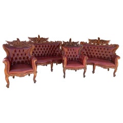 Antique Federal Style Carved Ornate Tufted Parlor Set Newly Upholstered, Set of 4