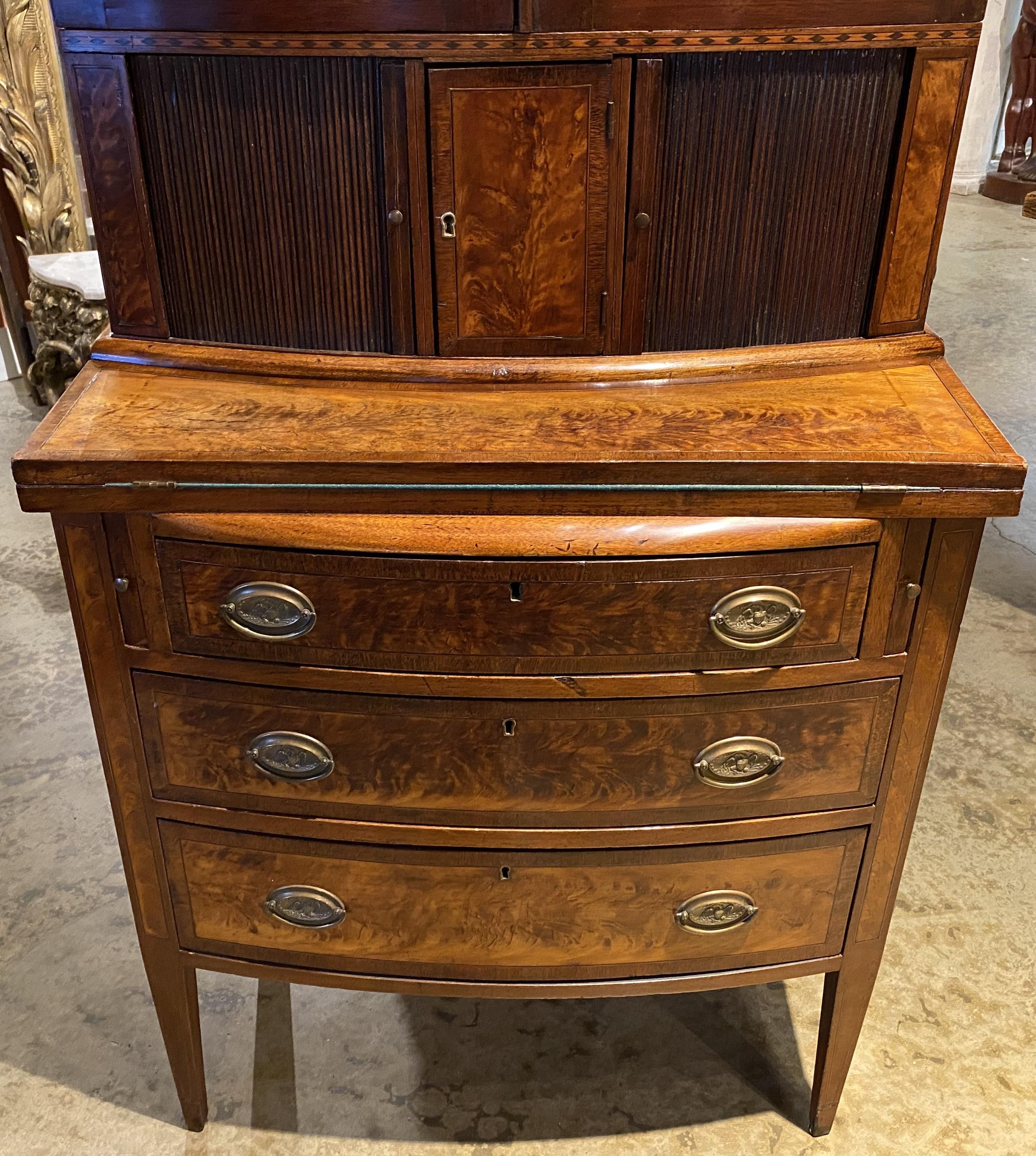 Hand-Carved Federal Style Diminutive Two Part Inlaid Mahogany Bookcase Secretary For Sale