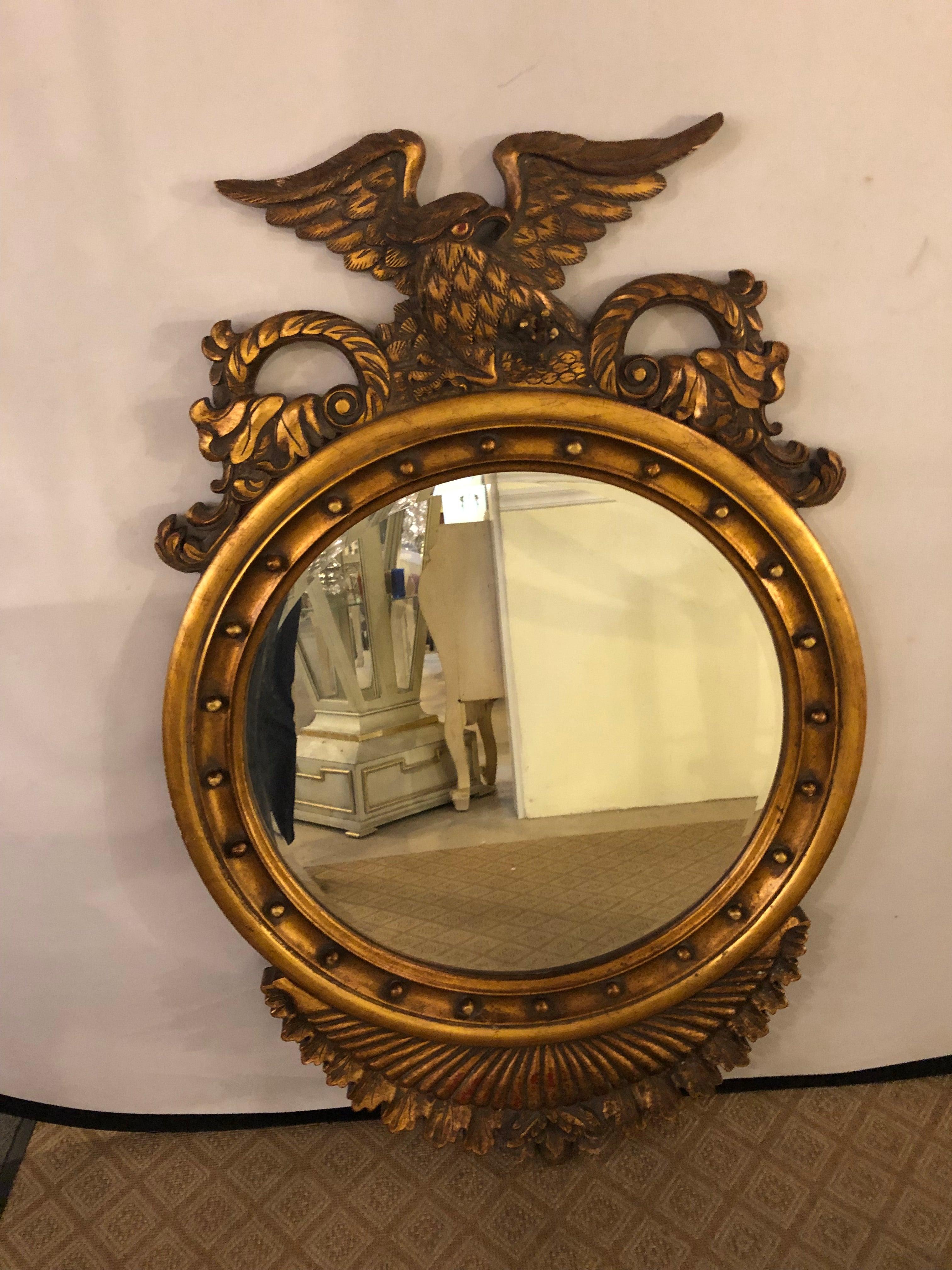 Federal Style Eagle Crested Circular Giltwood Wall or Console Mirror In Good Condition In Plainview, NY