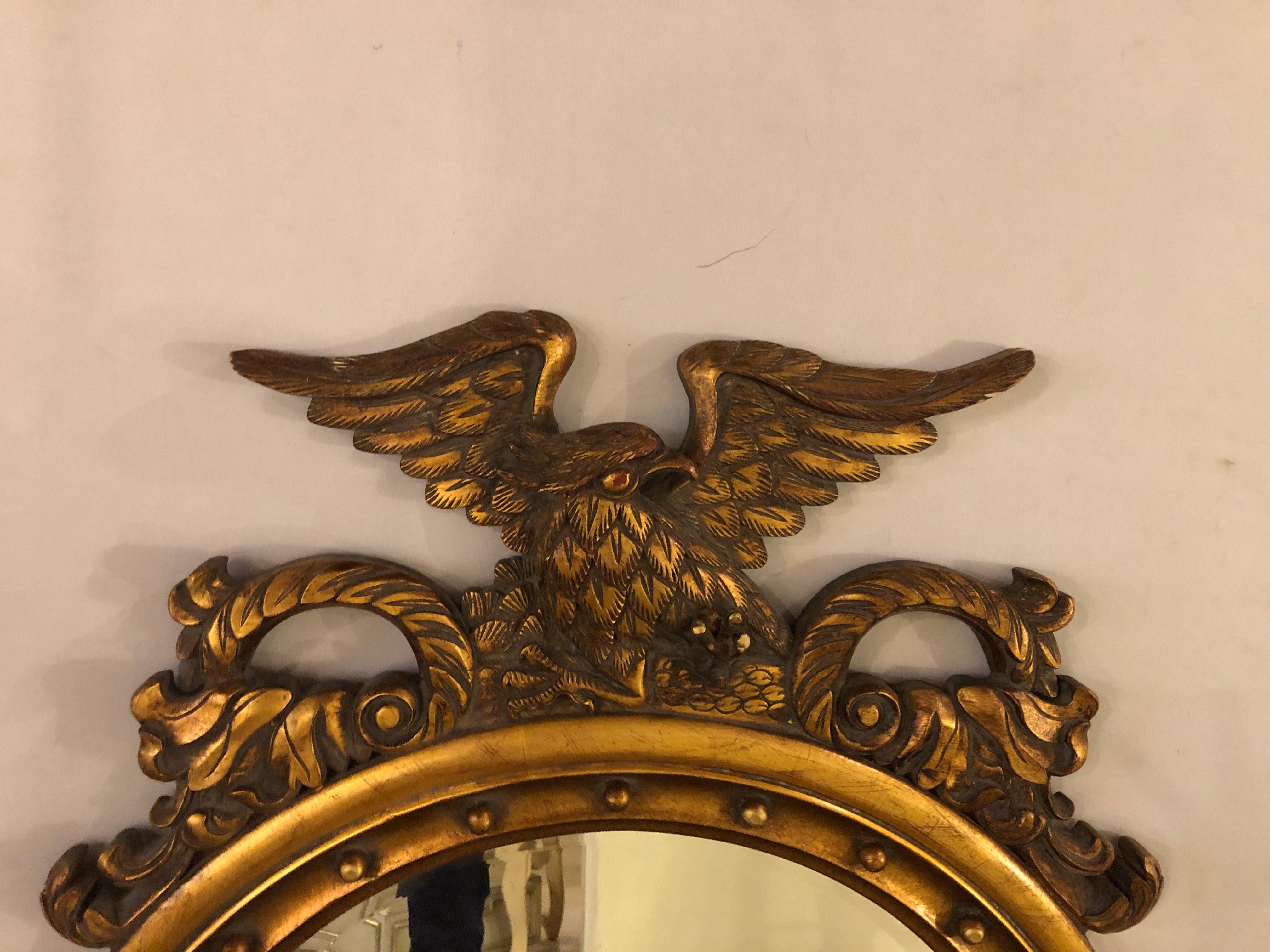 Federal Style Eagle Crested Circular Giltwood Wall or Console Mirror 1