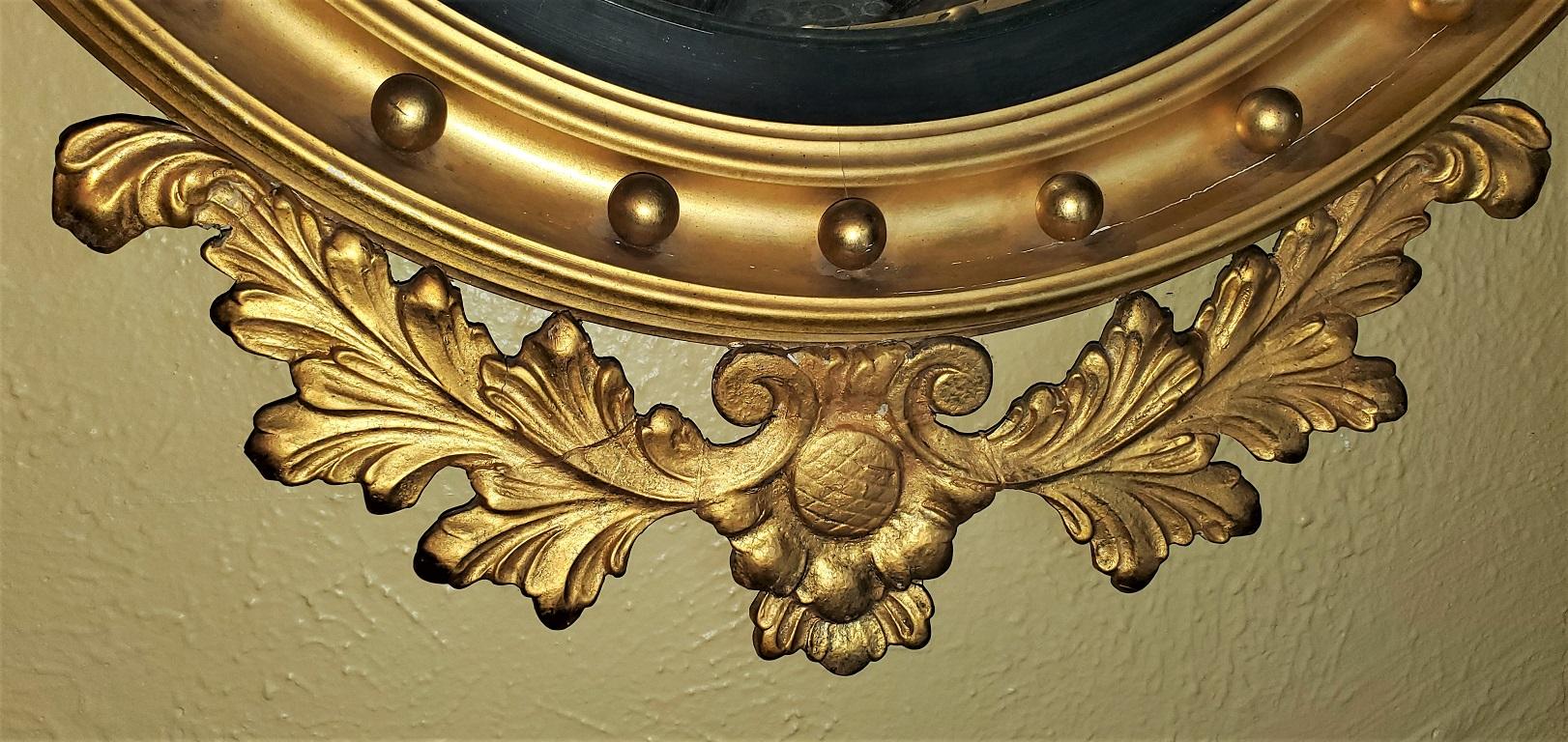 Hand-Carved Federal Style Eagle Wood & Gesso Gilded Convex Mirror