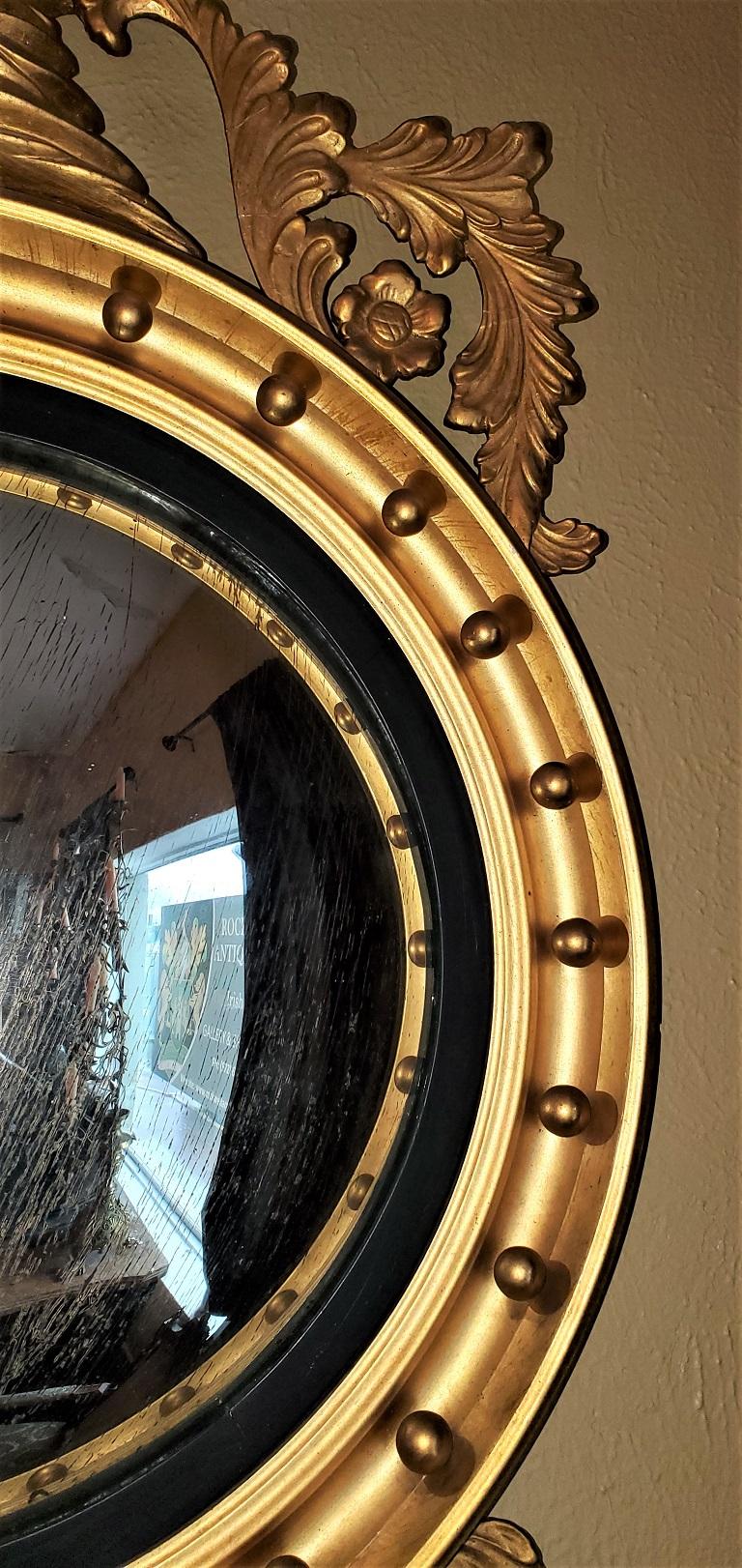 20th Century Federal Style Eagle Wood & Gesso Gilded Convex Mirror
