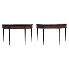 Federal Style Ebonized Mahogany Demilune Single Drawer Console Tables - Pair