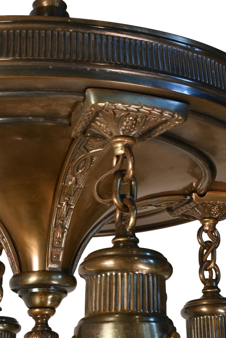 American Colonial Federal Style Formal Brass Chandelier, Steuben Shades For Sale