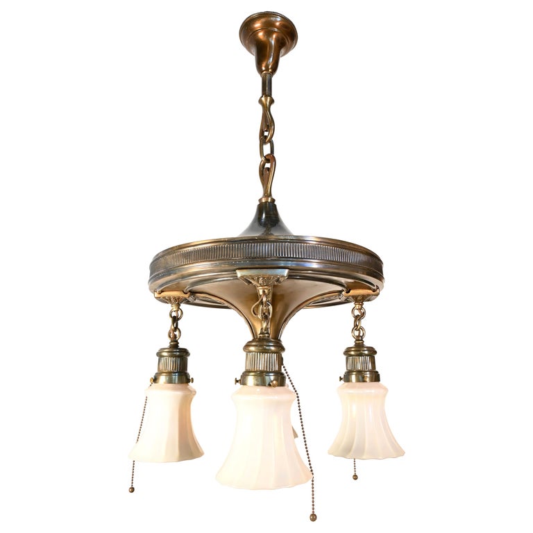 Federal Style Formal Brass Chandelier, Steuben Shades For Sale