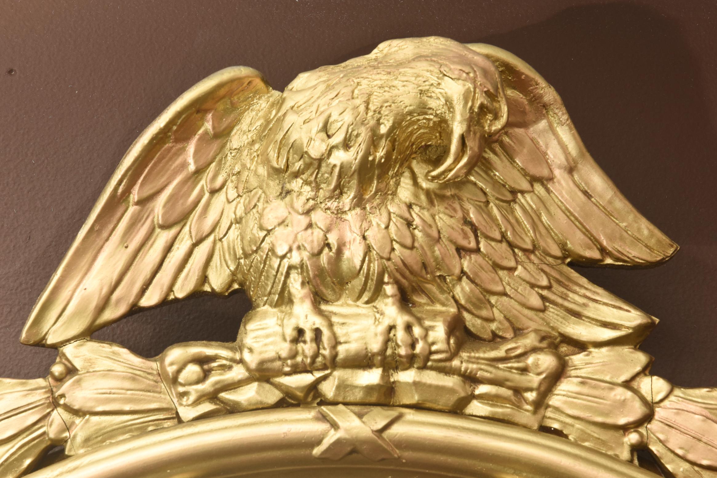 Hollywood Regency Federal Style Gilt Eagle and Ball Convex Mirror, Vintage, American, circa 1940s