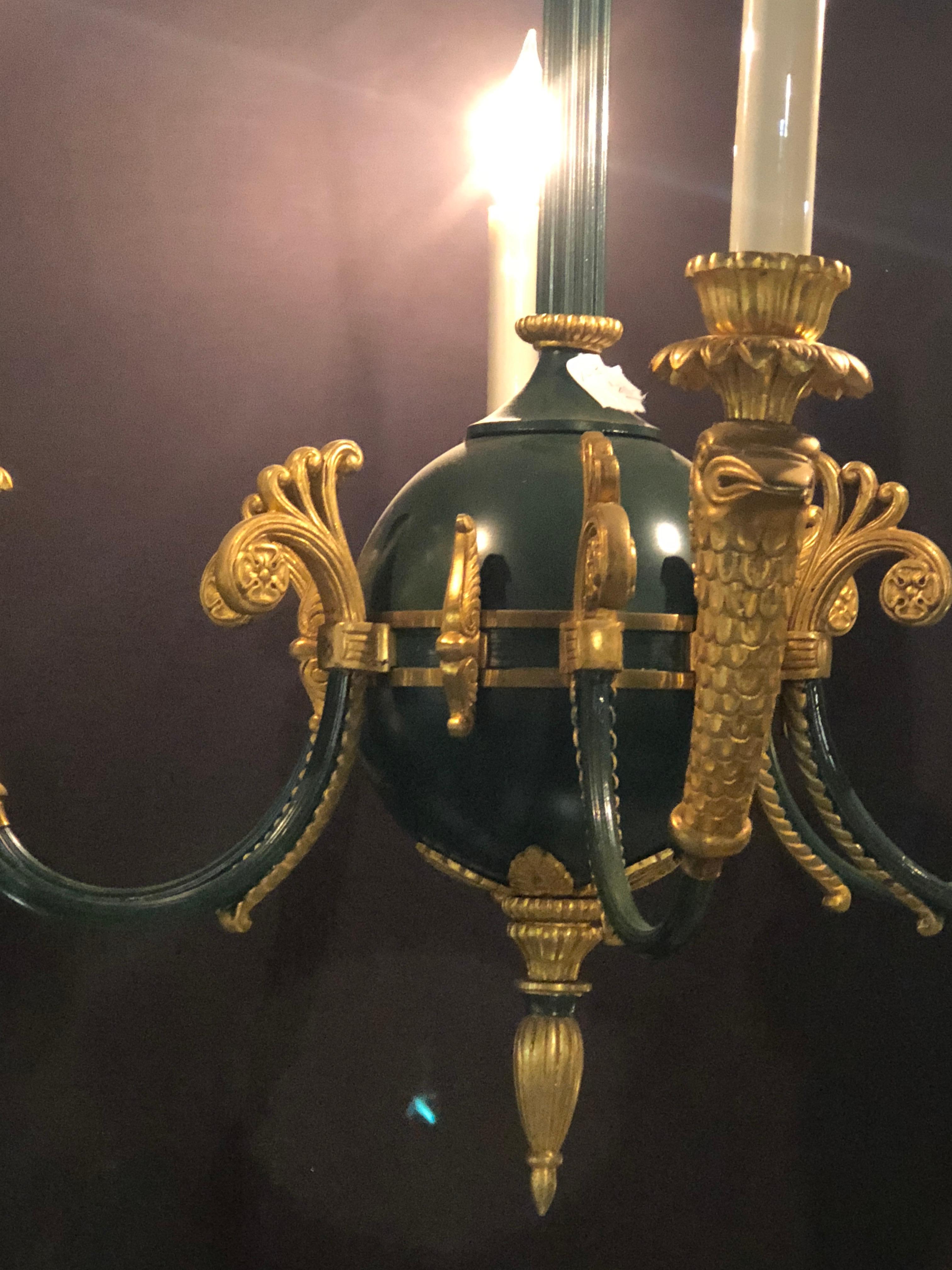 Federal Style Green Bronze Chandelier with Gilt Swan Heads 3