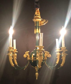 Federal Style Green Bronze Chandelier with Gilt Swan Heads