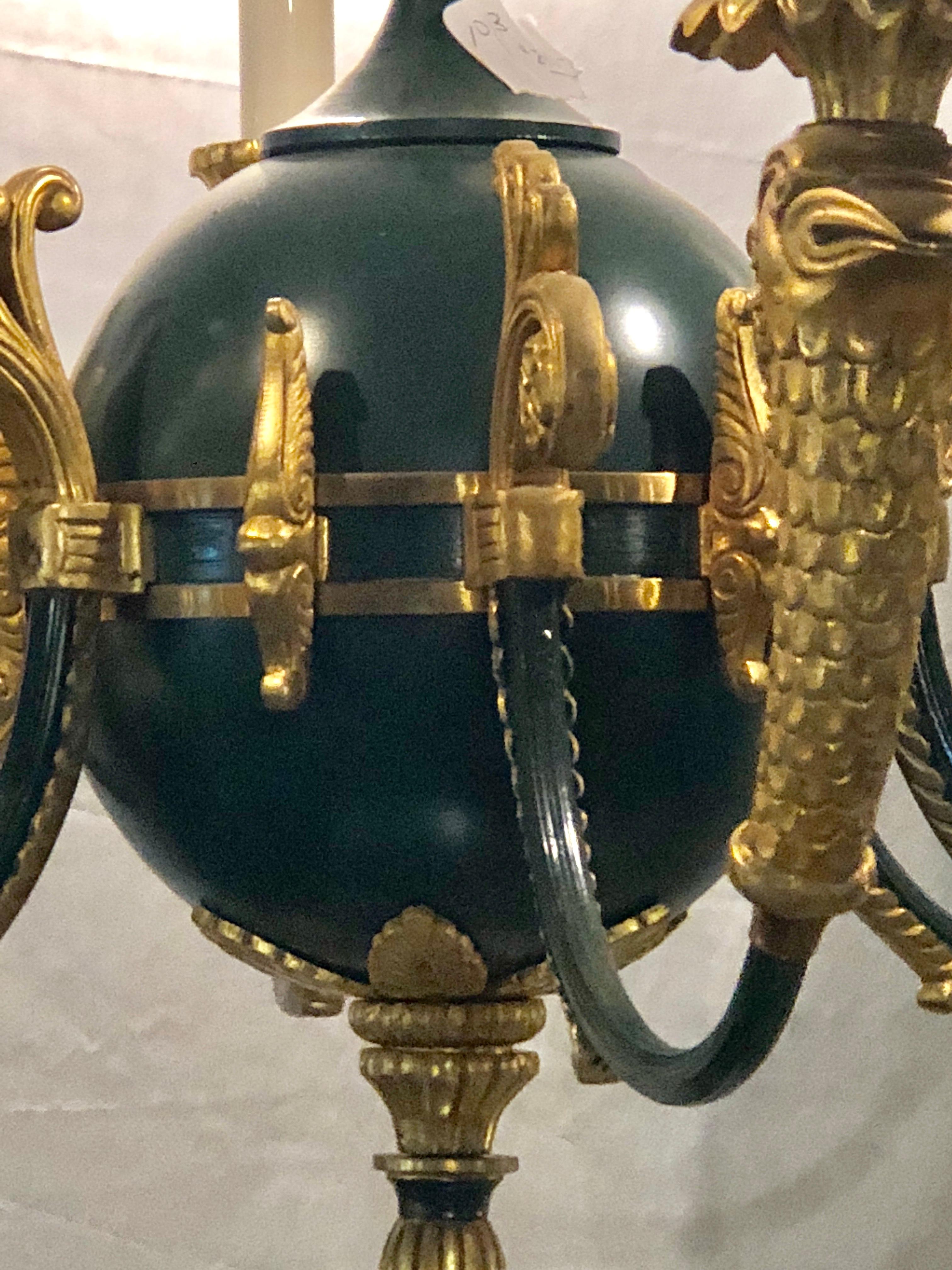20th Century Federal Style Green Bronze Chandelier with Gilt Swan Heads