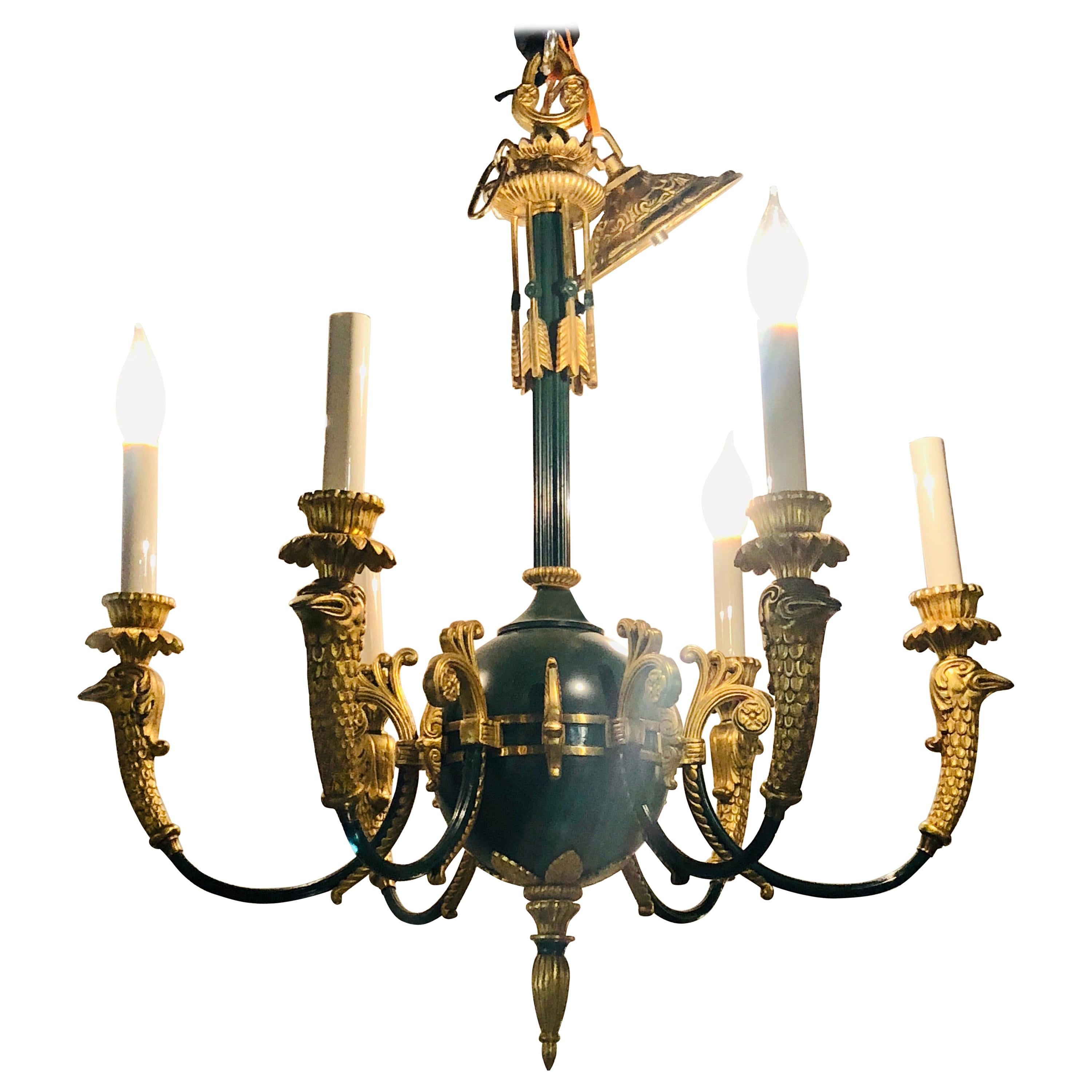 Federal Style Green Bronze Chandelier with Gilt Swan Heads