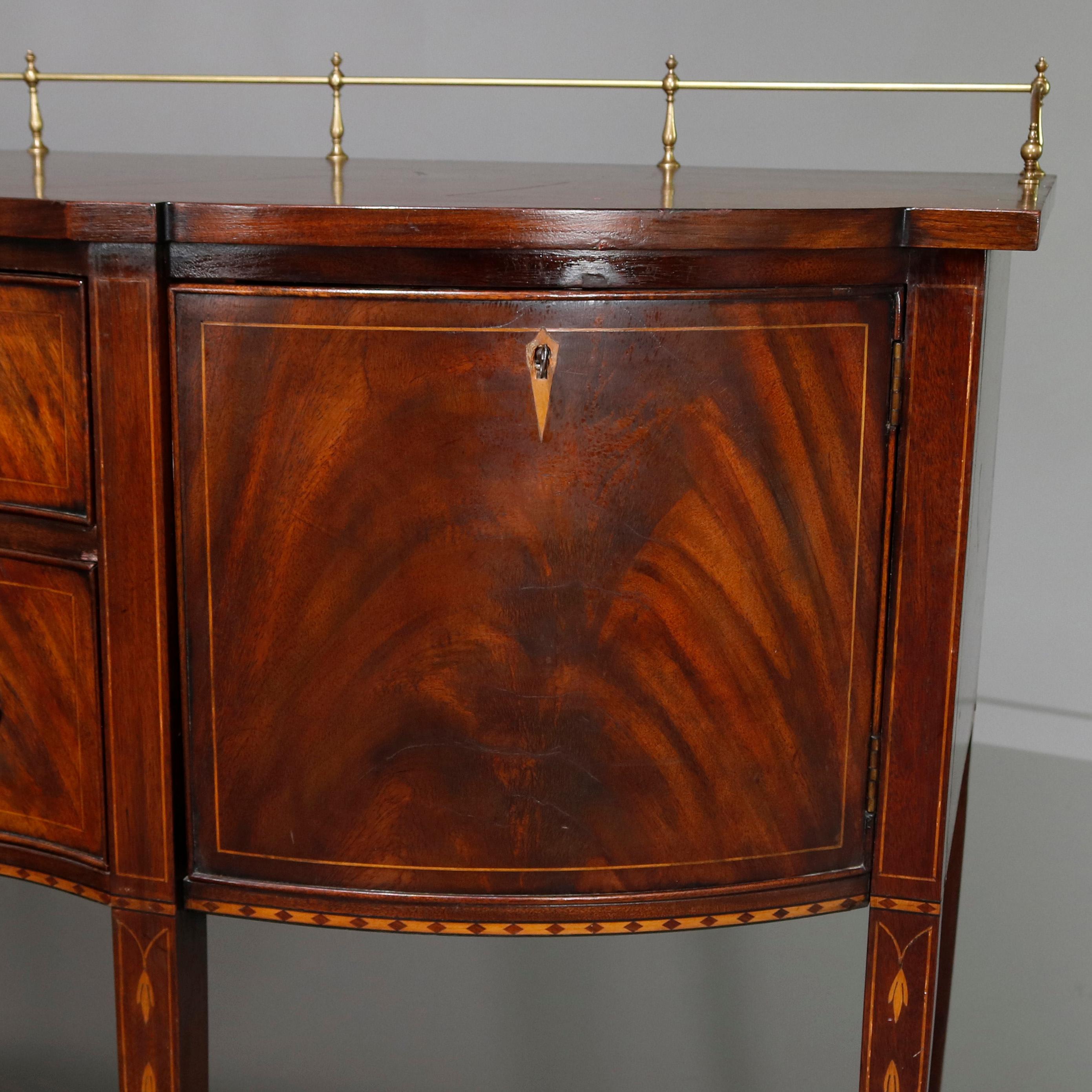Cast Federal Style Henkel Harris Flame Mahogany Inlaid Sideboard with Brass Rail