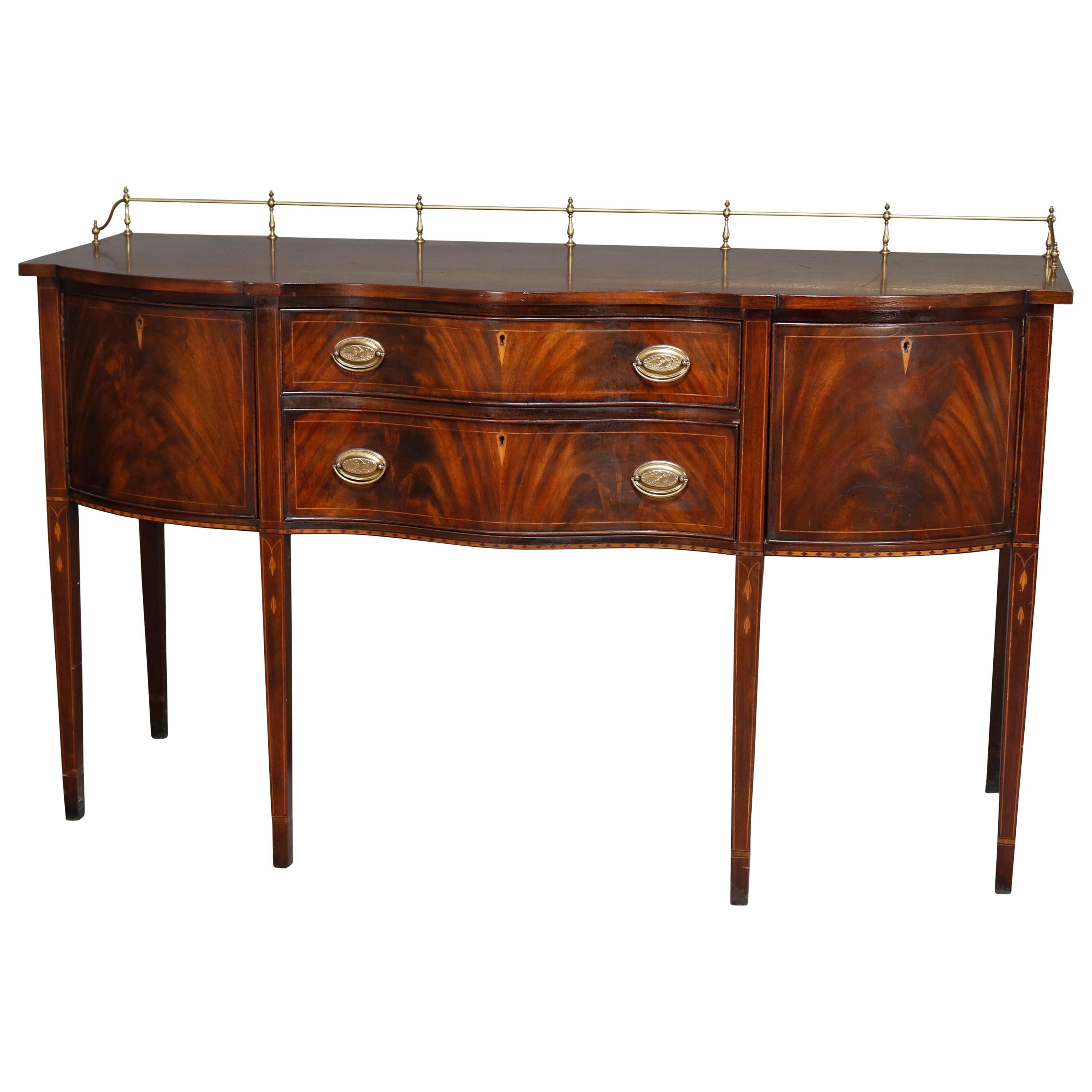 Federal Style Henkel Harris Flame Mahogany Inlaid Sideboard with Brass Rail