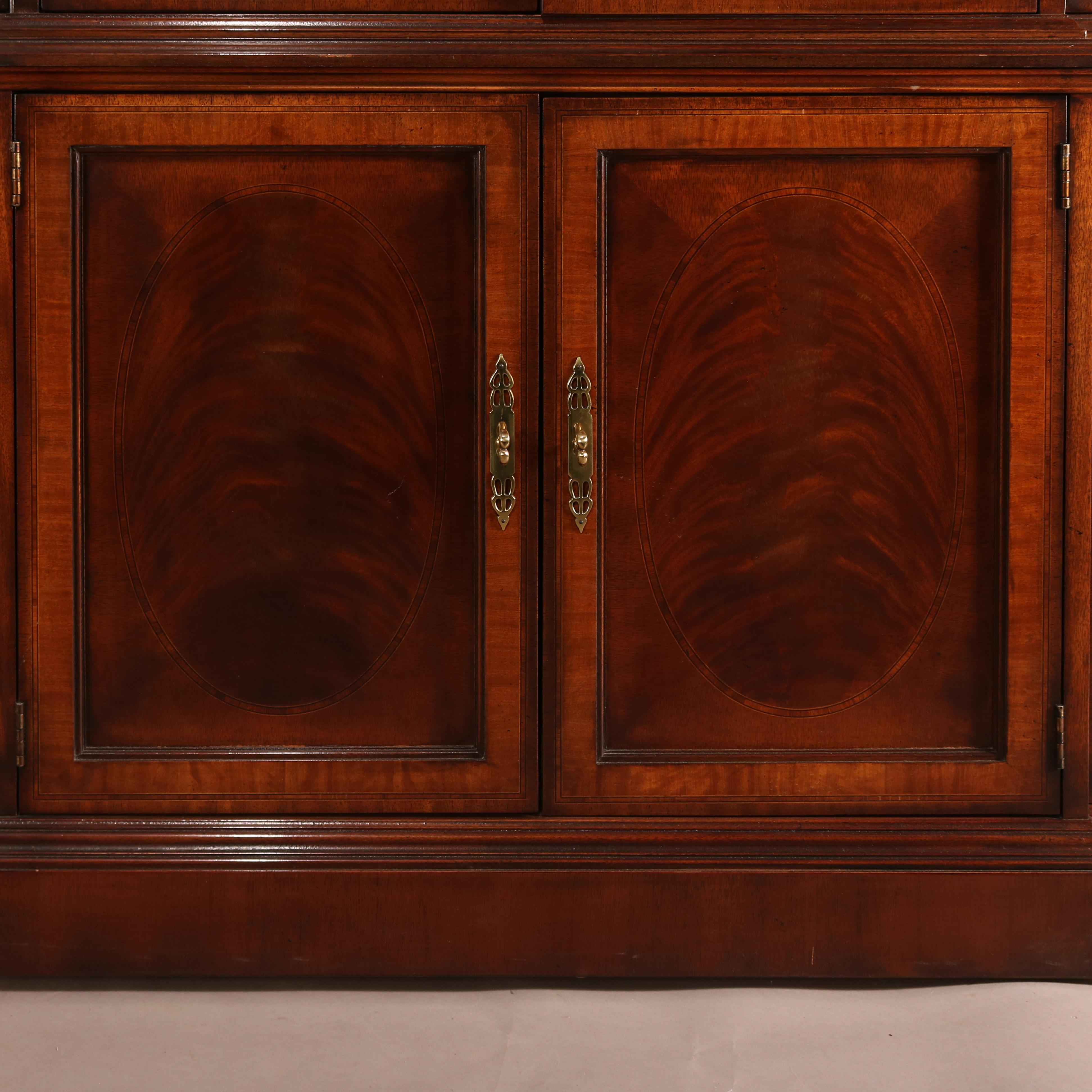 20th Century Federal Style Heritage Henredon Flame Mahogany Lighted Breakfront Cabinet
