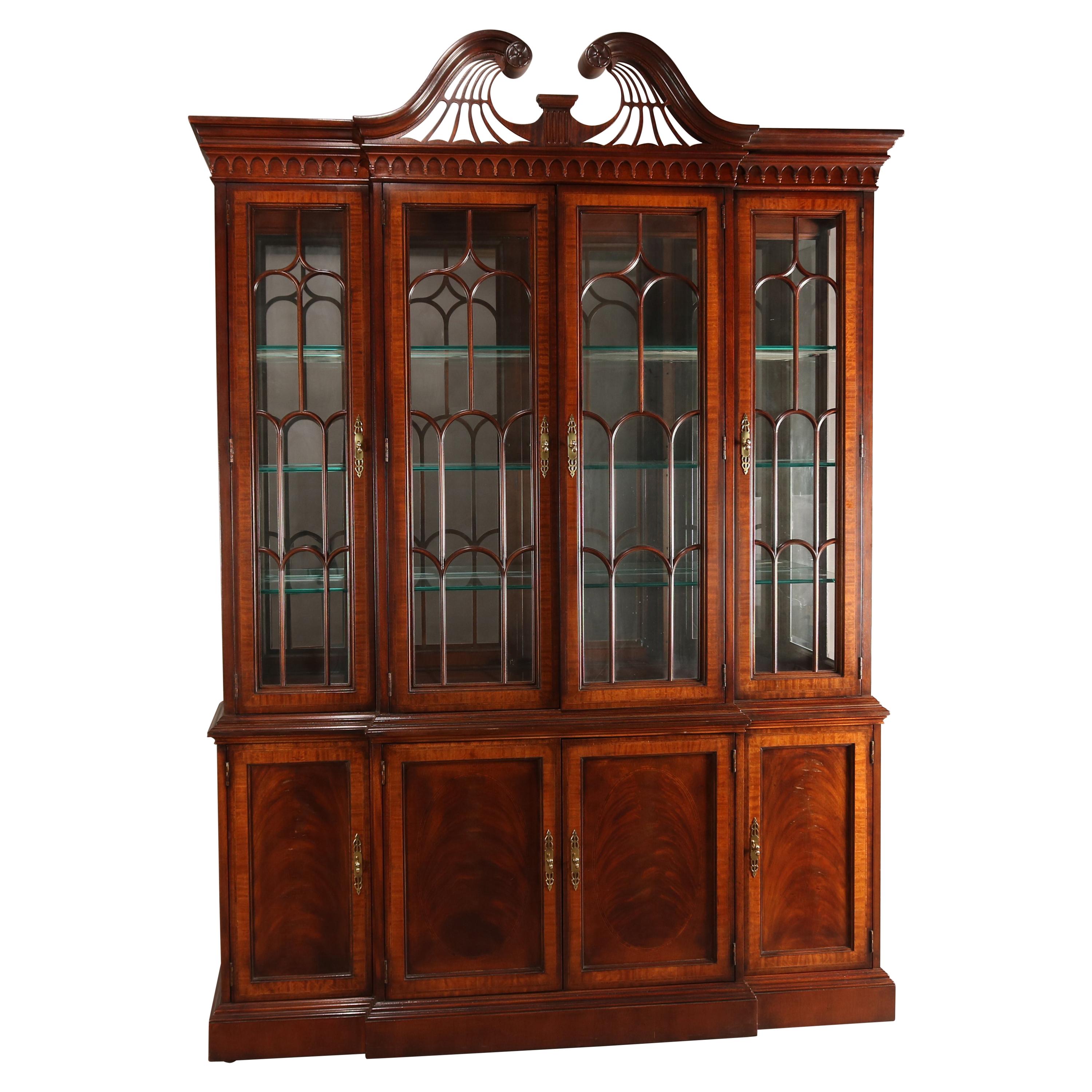 Federal Style Heritage Henredon Flame Mahogany Lighted Breakfront Cabinet